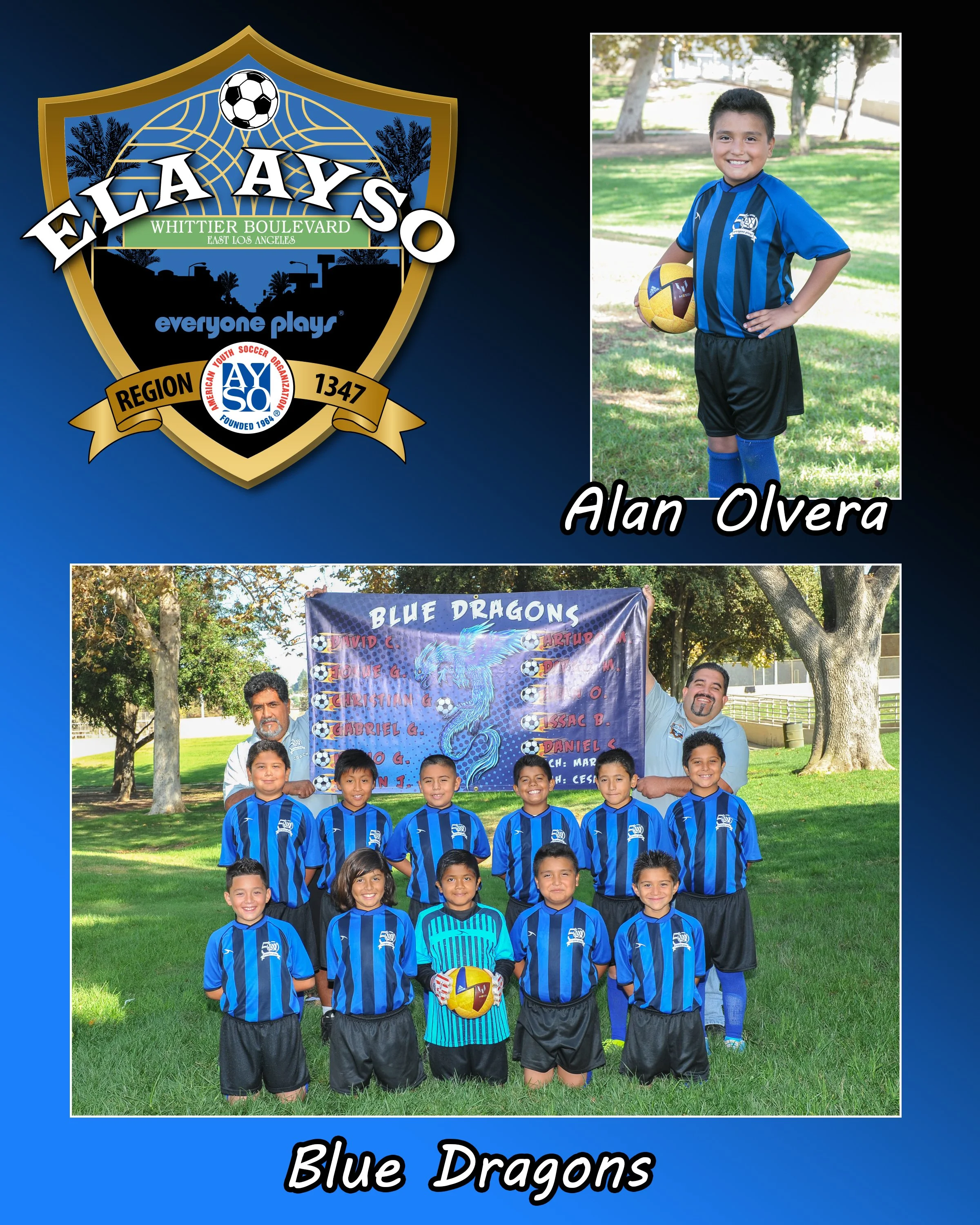 A group of young boys wearing blue and black soccer jerseys, standing outdoors on grass with trees in the background, posing for a team photo with coaches and a banner behind them that reads "Blue Dragons."