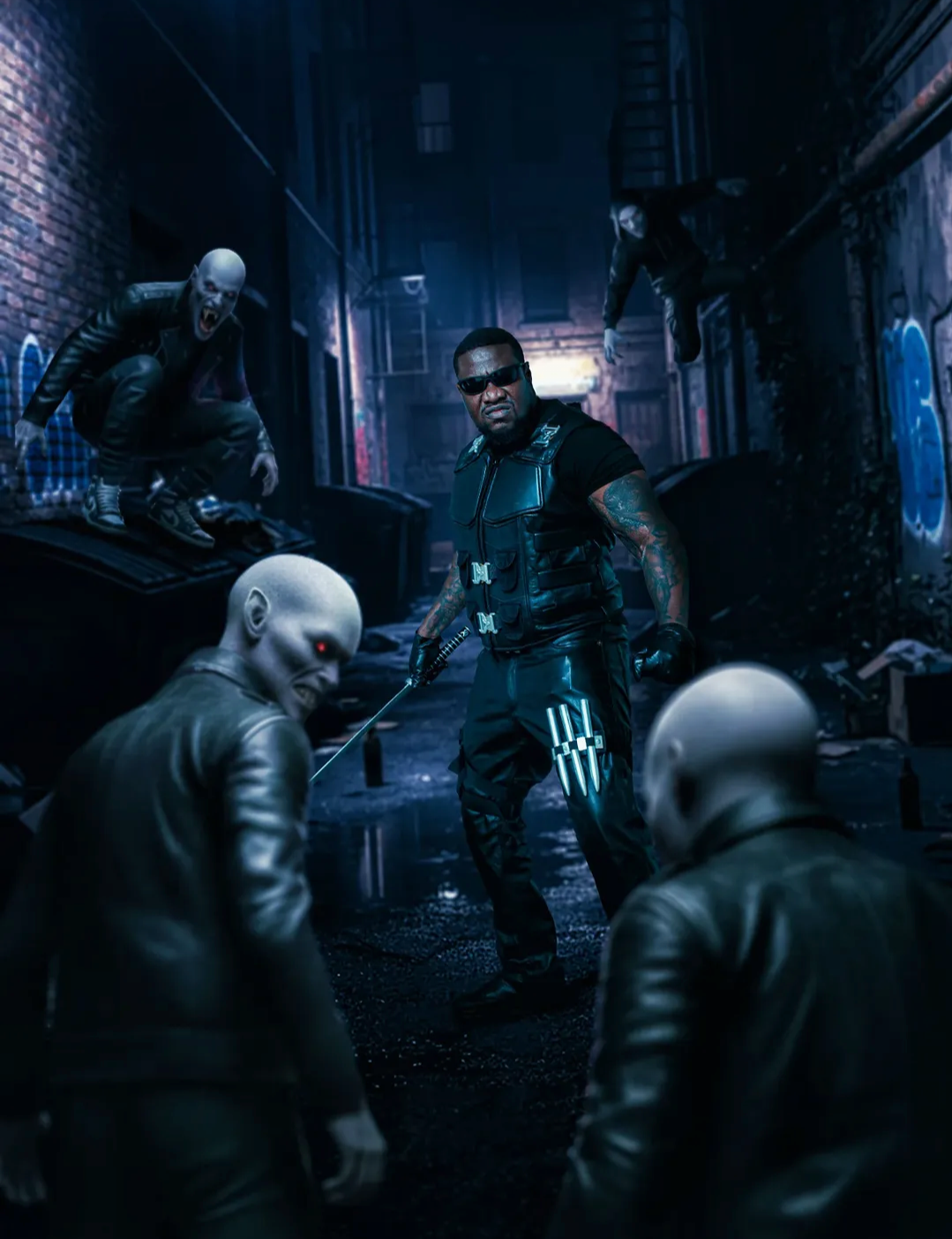 A man dressed as a futuristic warrior with sunglasses and weapons standing in a dark alley illuminated by blue light, surrounded by humanoid figures with bald heads and glowing red eyes, and creepy creatures on rooftops.