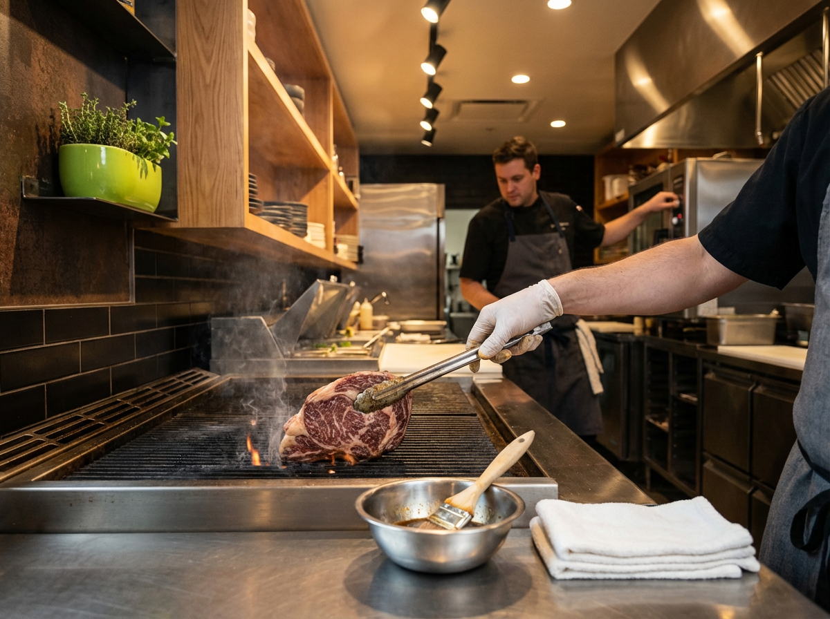 Chef grilling a marbled steak over a flame on a kitchen stove, with another chef in the background adjusting a microwave oven, in a modern restaurant kitchen.