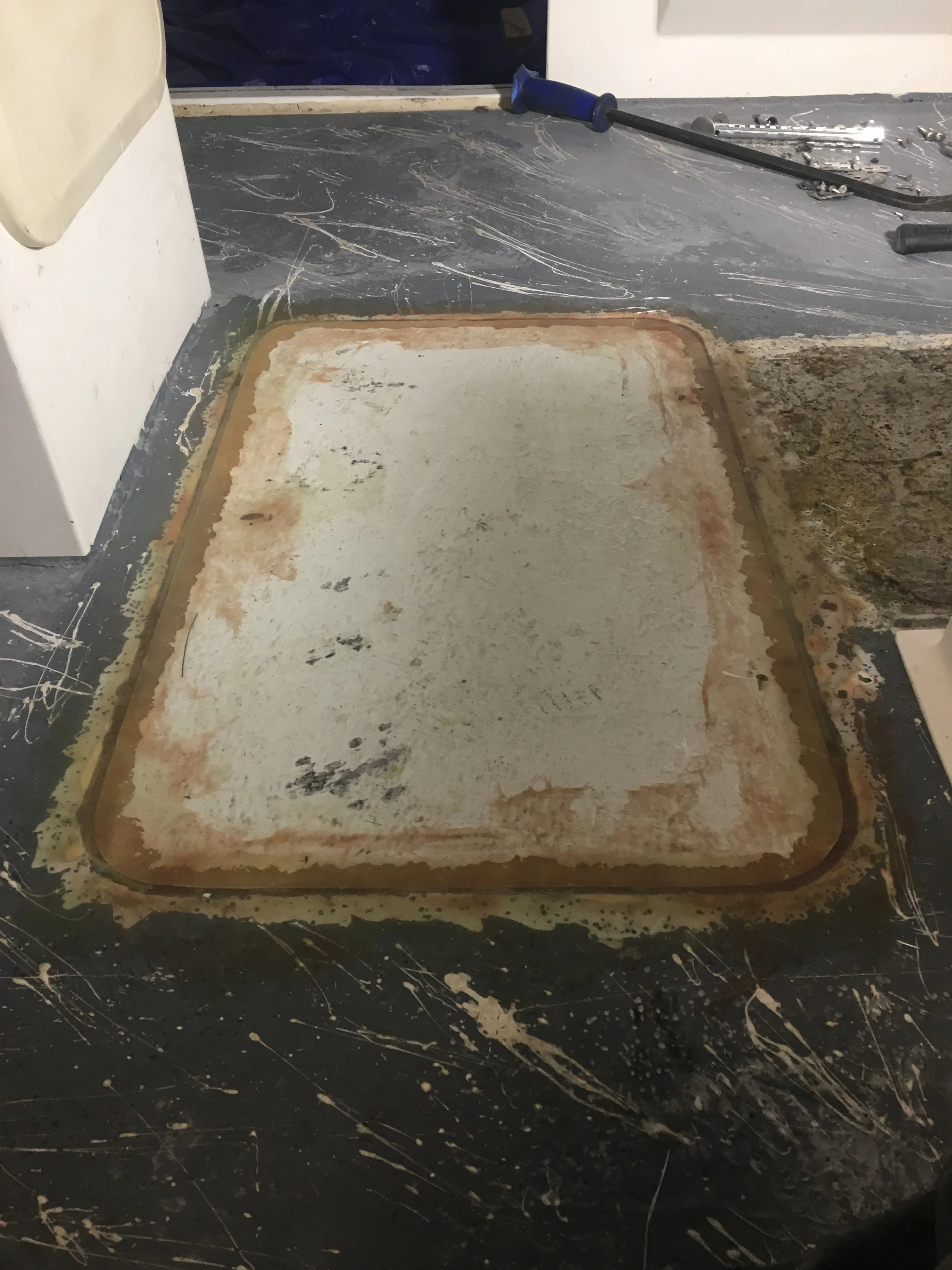 Before Fibreglass Repair: Old hatch visible