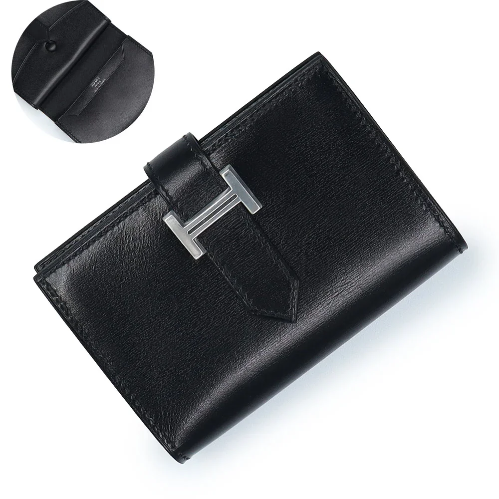 Hermes Mini Bearn Wallet, Black (89), Box Calf Leather, Palladium Hardware, Stamp K