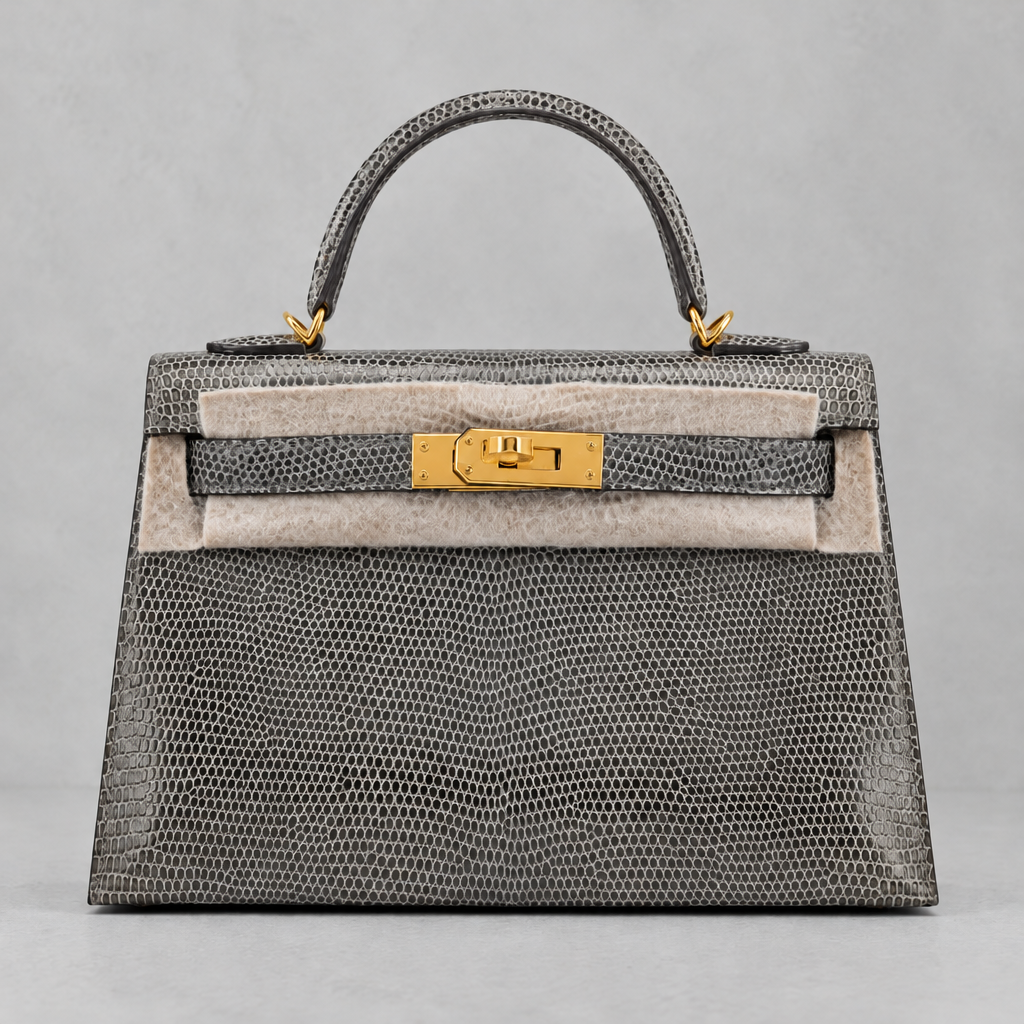 Hermès Mini Kelly II Sellier, Gris Fonce (84) Varanus Niloticus Lizard Leather, Gold Hardware, Stamp K, Brand New