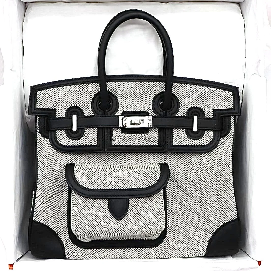 Hermès Black Swift & Ecru Toile H Goeland Cargo Birkin 25 Palladium Hardware, Stamp K (Limited Edition)