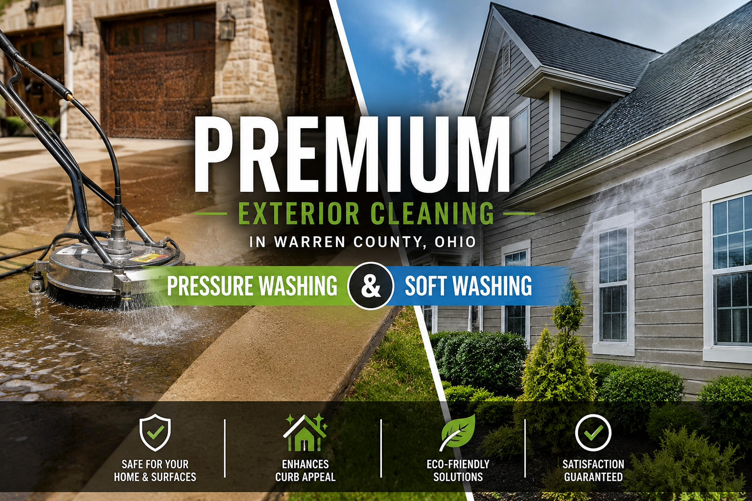 Exterior view of a house with clean siding and landscaped garden next to a sidewalk being pressure washed, showcasing the exterior cleaning service offered in Warren County, Ohio.