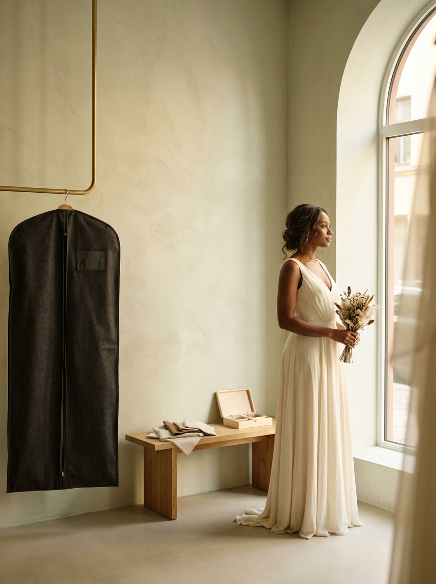 A woman in a long cream-colored dress holding a bouquet of flowers, standing by a large window with sunlight coming through, in a room with a simple bench, box of jewelry, and hanging garment bag.