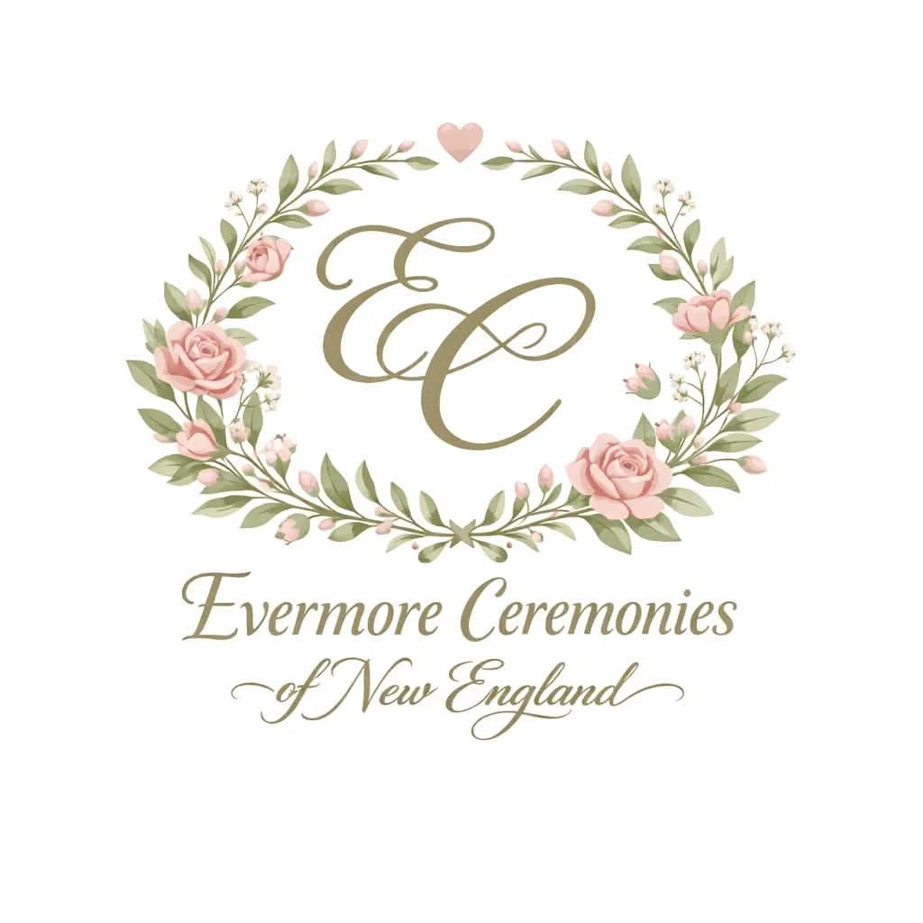 monogram EC surrounded by a laurel wreath and roses with text that reads Evermore Ceremonies of New England