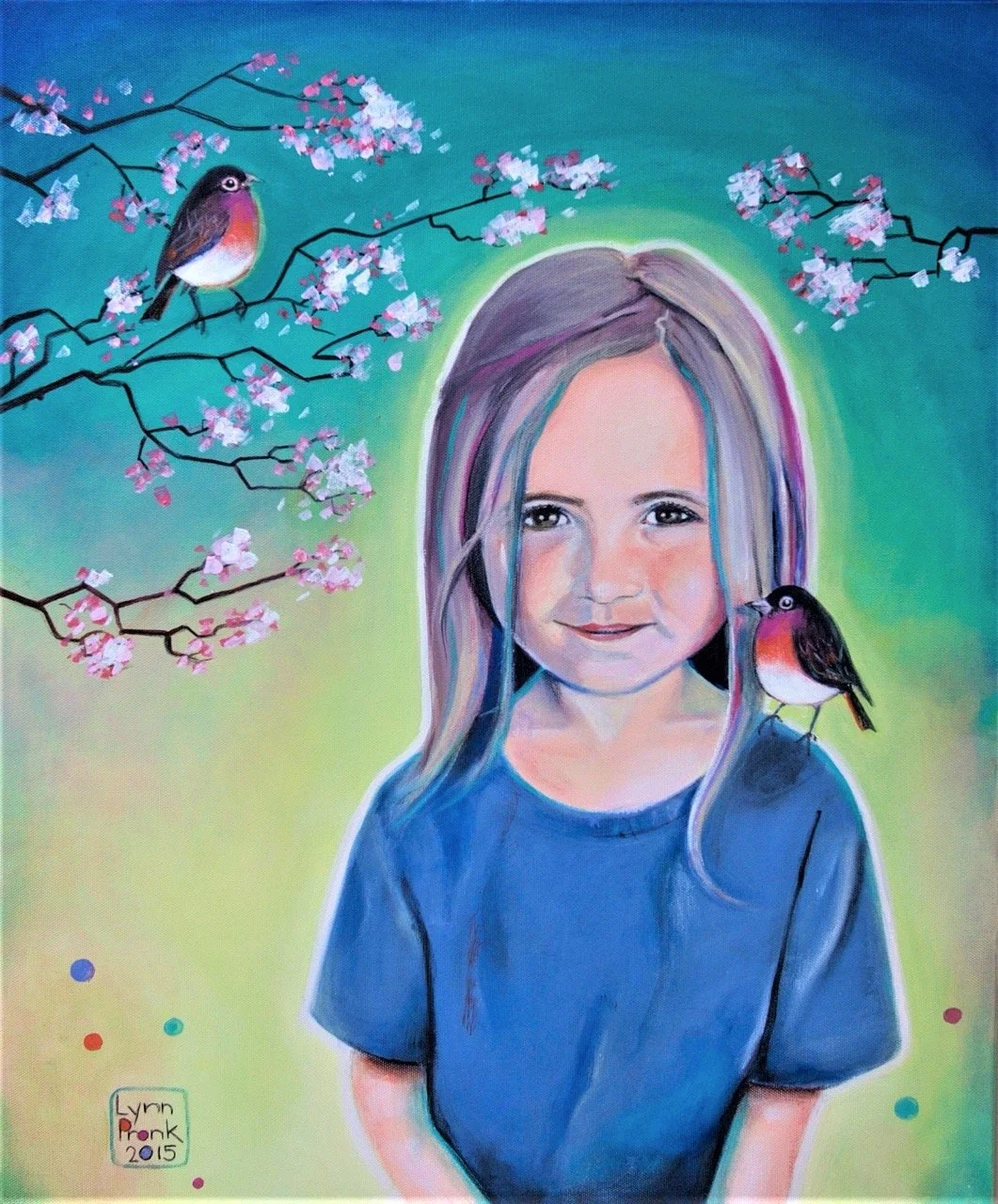 A colorful painting of a young girl with long hair, wearing a blue shirt, smiling. She is surrounded by pink cherry blossoms on branches and two small birds perched on the branches, one on each side of her head.