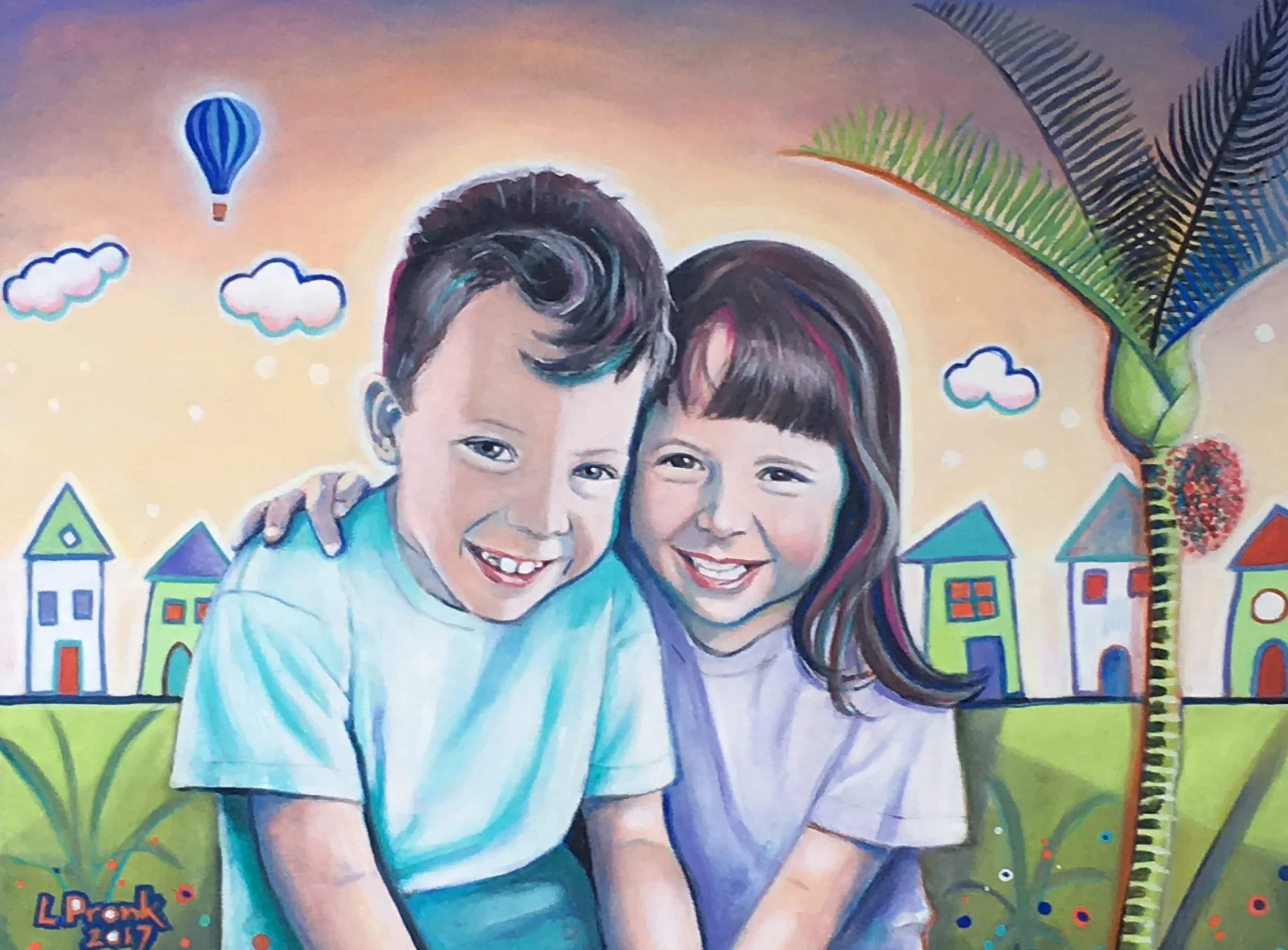 Painting of two children, boy and girl, smiling and hugging in front of colorful houses and a rainbow