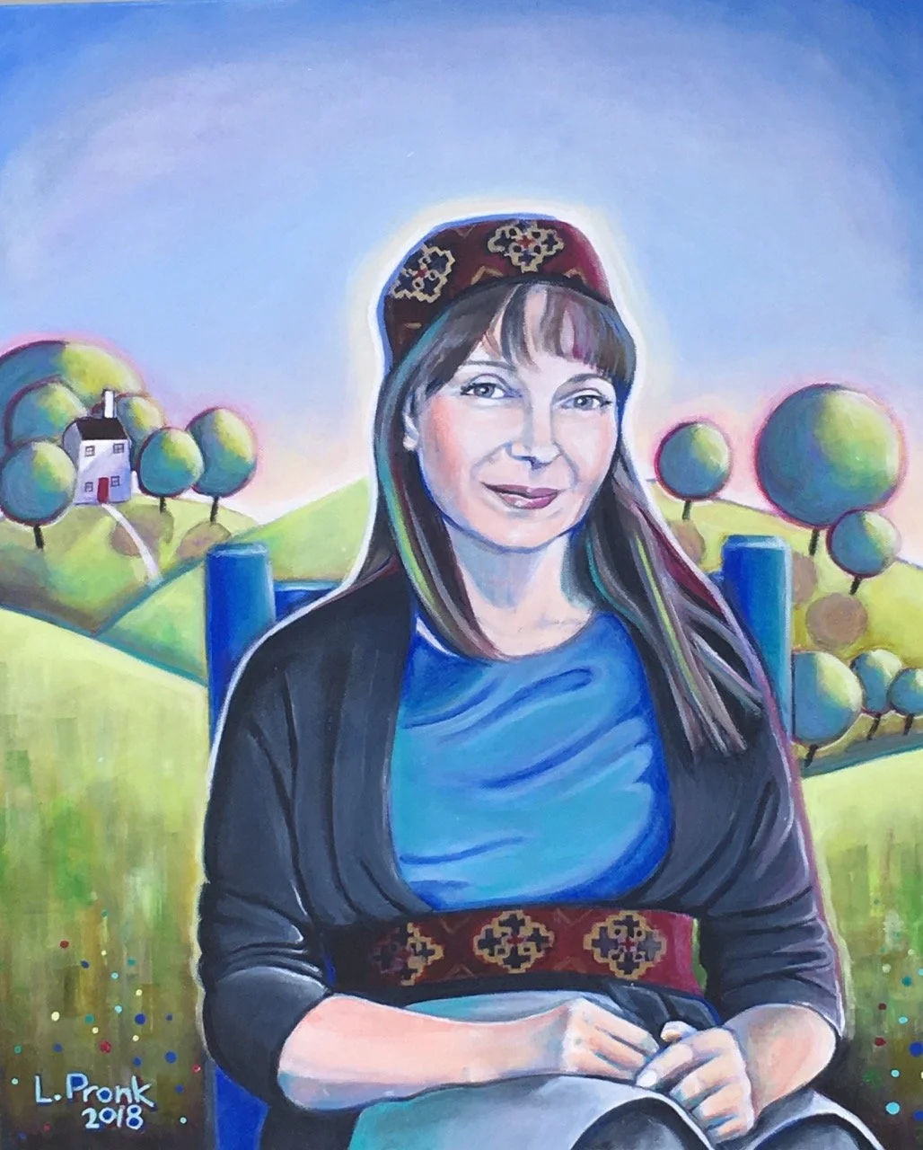 Colorful painting of a woman wearing traditional Eastern European attire, sitting outdoors with a landscape of rolling hills, trees, and a small house in the background.