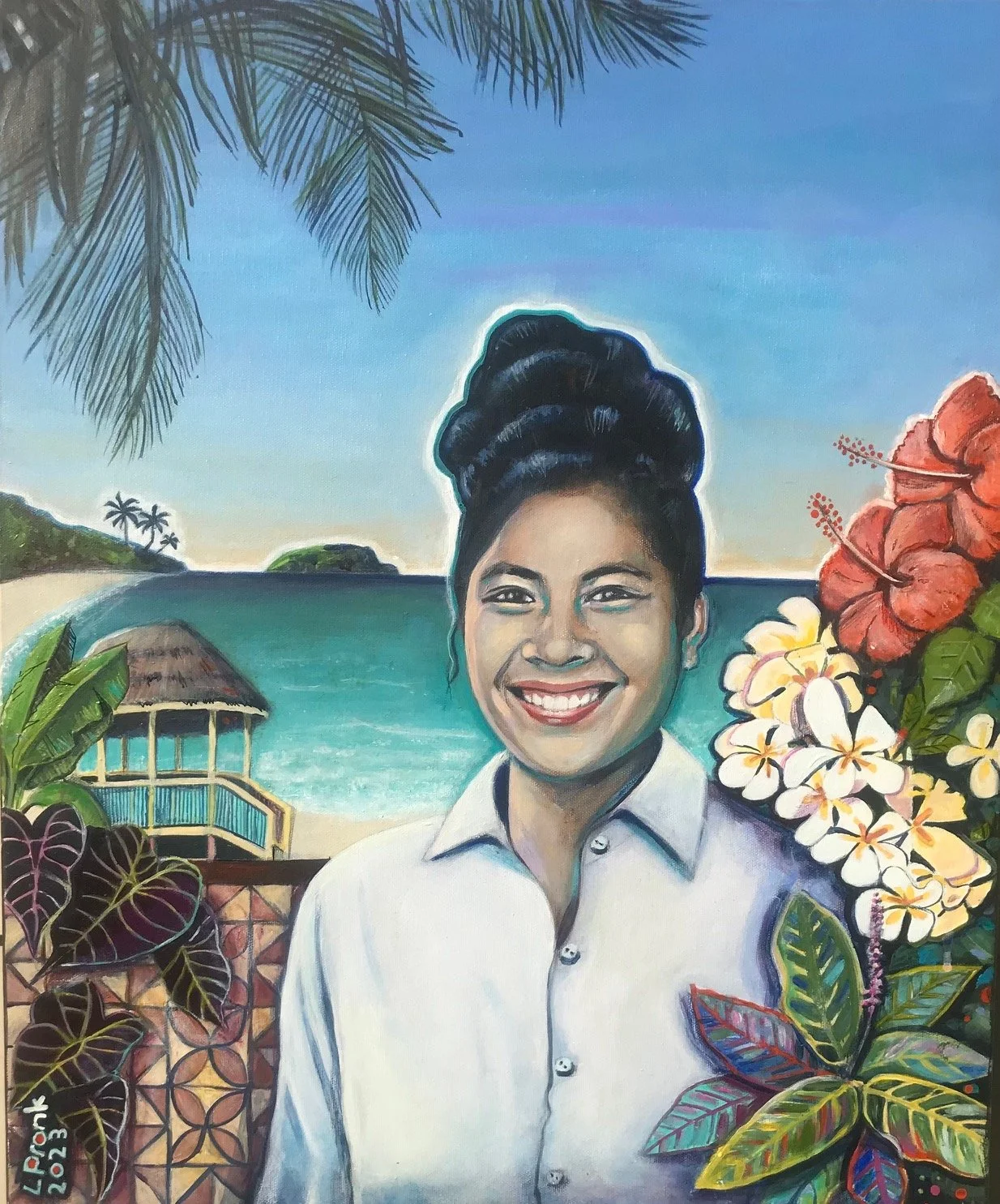 A colorful painting of a smiling woman with dark hair styled in an updo, wearing a white shirt. She is surrounded by tropical flowers, leaves, and a beach scene with a hut, shoreline, ocean, and small island in the background, under a blue sky with clouds.