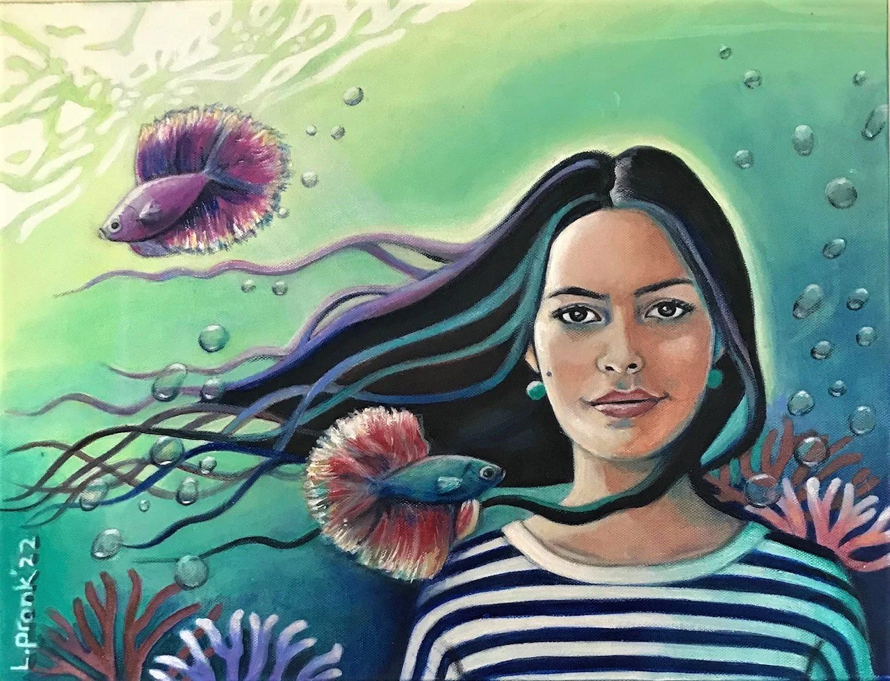 A colorful underwater-themed painting of a young woman with long black hair with blue streaks, wearing a striped shirt, surrounded by fish, coral, and bubbles.