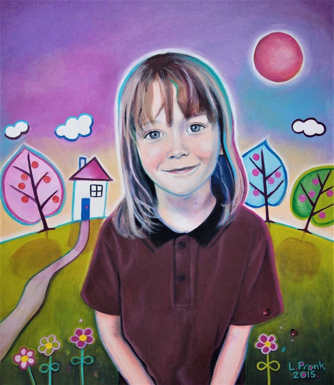 A painted portrait of a young girl with a peaceful smile, medium-length brown hair, and blue eyes, set against a colorful whimsical landscape with stylized trees, a house, clouds, and a red sun with a gradient sky blending pink, purple, and blue tones. The artist's signature, 'L. Pronk 2015,' appears in the bottom right corner.