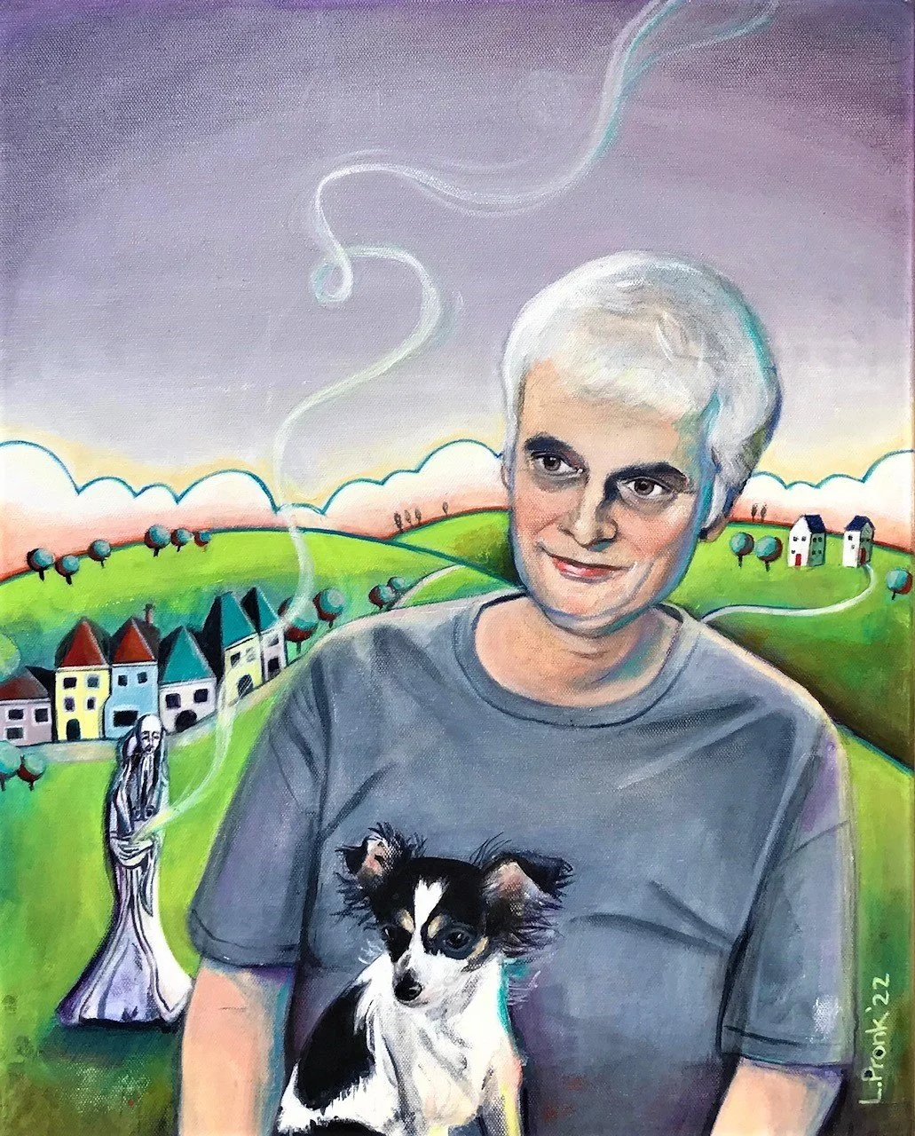 Painting of a woman with short white hair holding a small black and white dog, set against a colorful landscape with hills, houses, trees, a statue, and a cloudy sky.