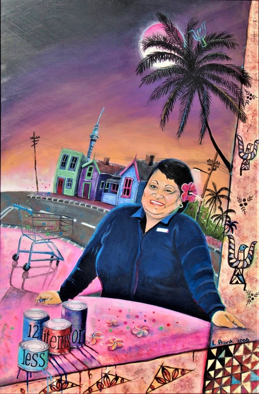 A colorful street scene featuring a smiling woman with short dark hair and a pink flower in her hair, sitting at a pink table with cans labeled "12 items or less" and small decorative items, against a vibrant background of houses, palm trees, and a sunset sky with neon accents, designed in a whimsical style.