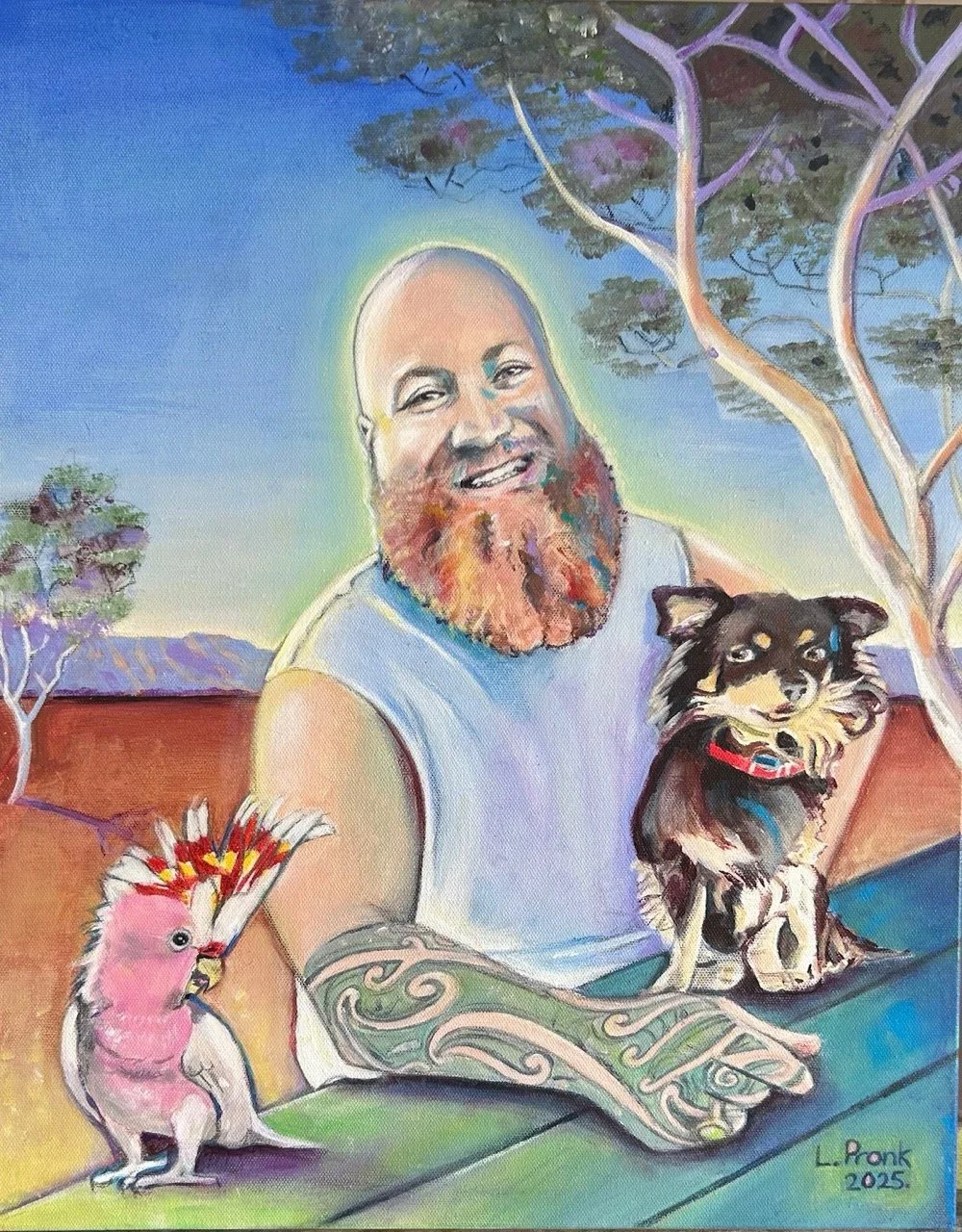 Colorful painting of a smiling man with a beard, a small dog, a pink creature with a unicorn horn, and a tattooed arm in the foreground. Trees and a building are in the background, with a sunset or sunrise sky.