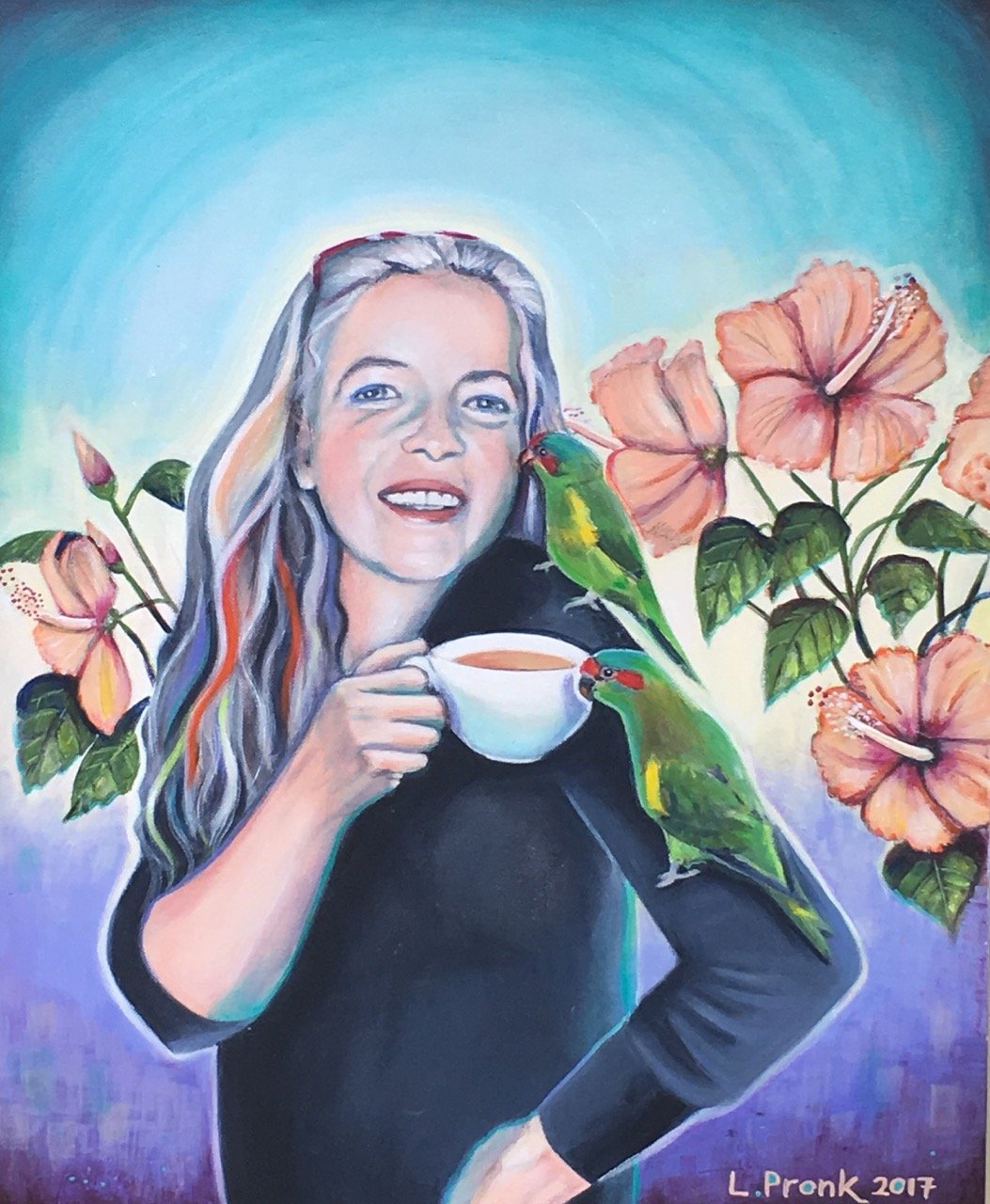 A painting of a woman with long, wavy hair holding a cup of coffee. Two green parrots rest on her arm, and pink hibiscus flowers surround her. The background features a gradient of blue and purple hues.