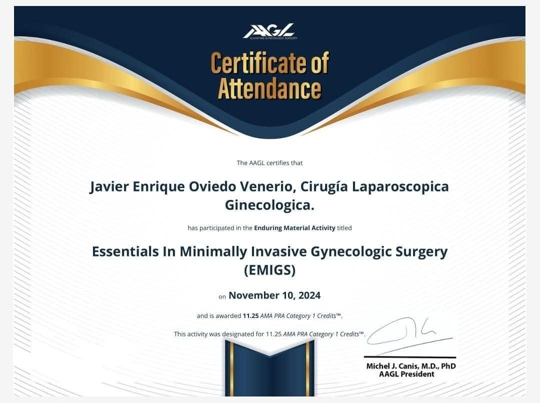 Certificate of attendance awarded to Javier Enrique Oviedo Venerio for participation in the Enduring Material Activity titled Essentials in Minimally Invasive Gynecologic Surgery (EMIGS) on November 10, 2024, signed by Michel J. Canis, M.D., Ph.D., AAGL President.