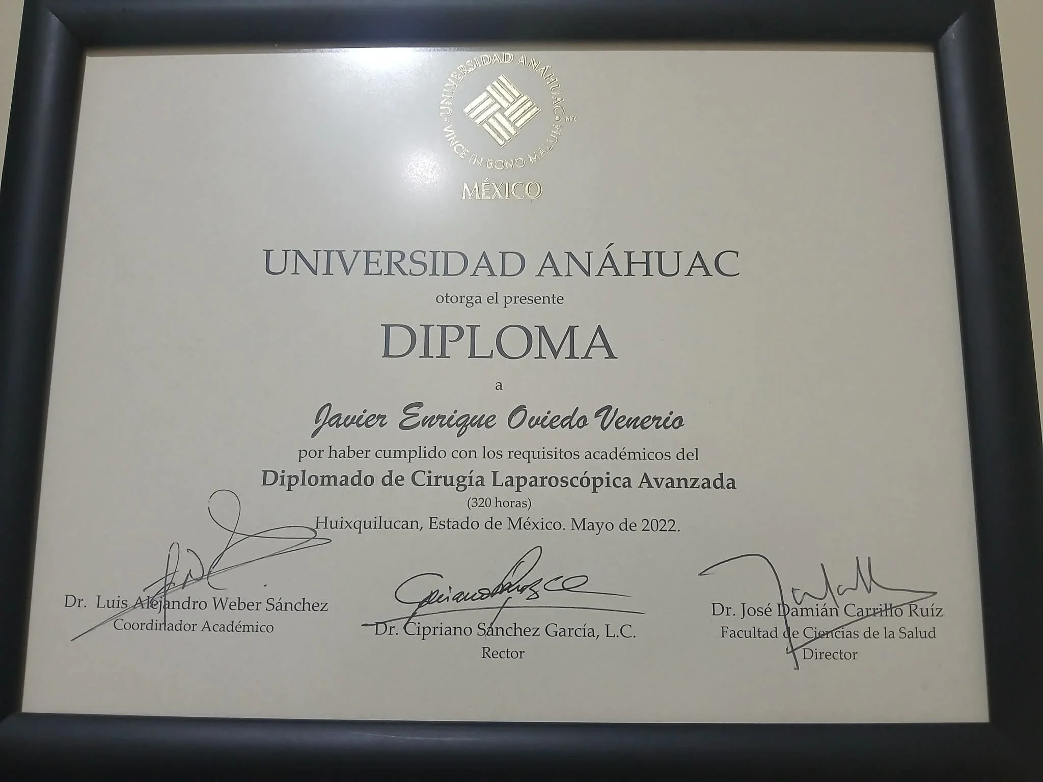Diploma awarded to Javier Enrique Oviedo Venerio from Universidad Anáhuac in Mexico, May 2022. The diploma is signed by several officials, including the rector and faculty director.