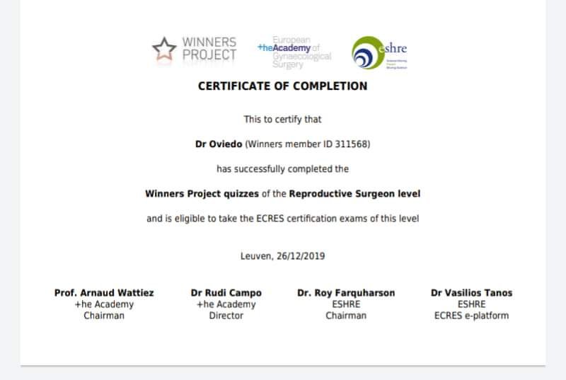 Certificate of completion awarded to Dr. Oviedo for completing the Winners Project quizzes at the Reproductive Surgeon level, dated 12/26/2019 in Leuven, with signatures from Prof. Arnaud Wattiez, Dr. Rudi Campo, Dr. Roy Farquharson, and Dr. Vasilios Tanos.
