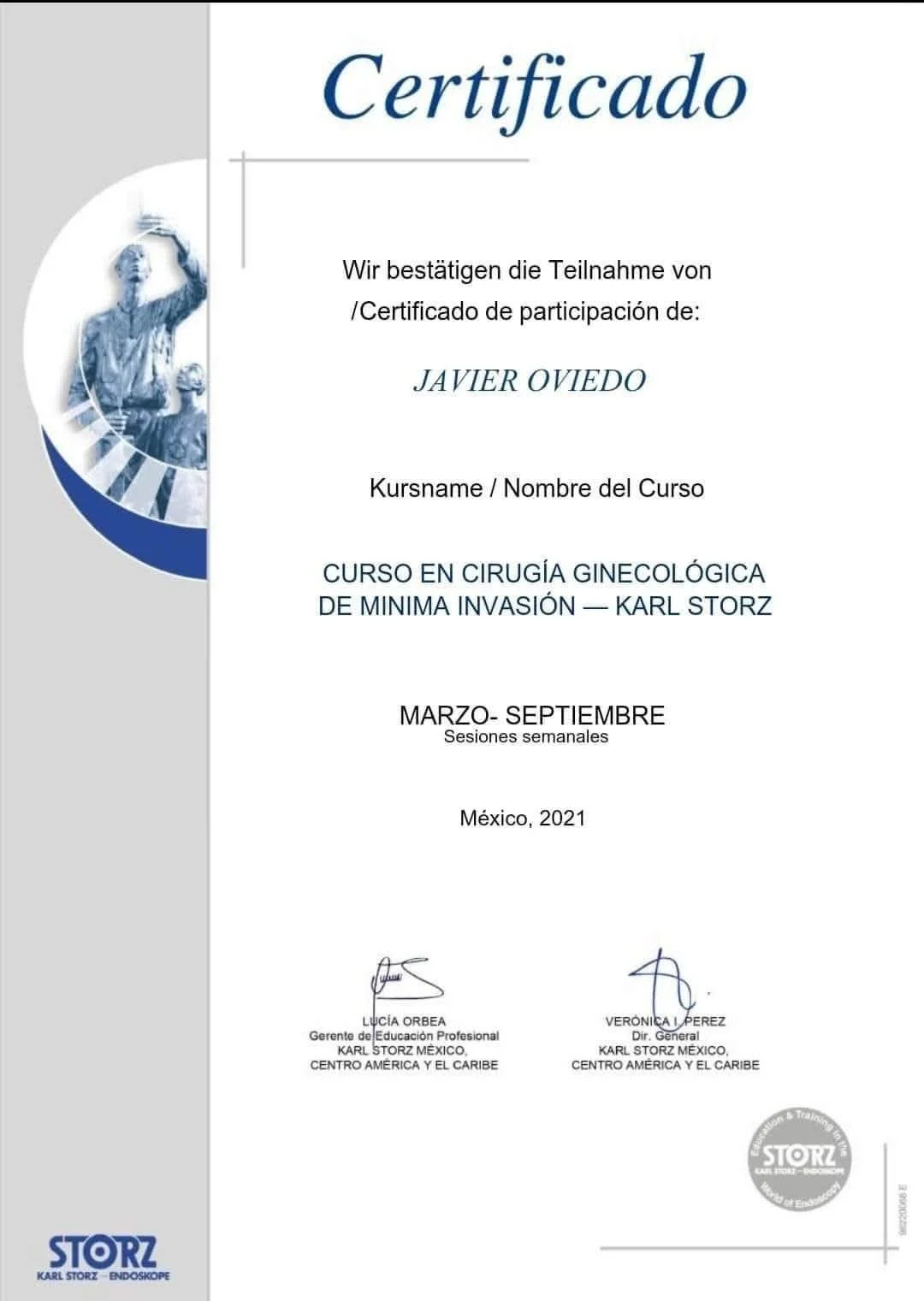 A certificate of participation for a gynecological surgery course, awarded to Javier Oviedo, conducted from March to September 2021, in Mexico, signed by L. Orbea and V. Perez.