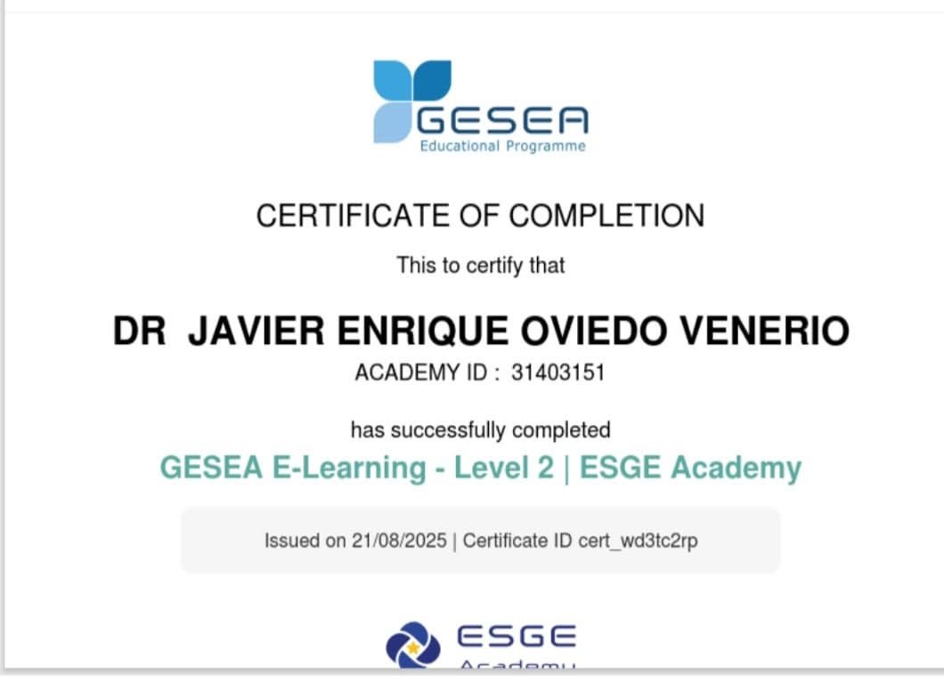 Certificate of completion from GESEA E-Learning Level 2 for Dr. Javier Enrique Oviedo Venerio, issued on August 21, 2025, with an academy ID of 31403151.