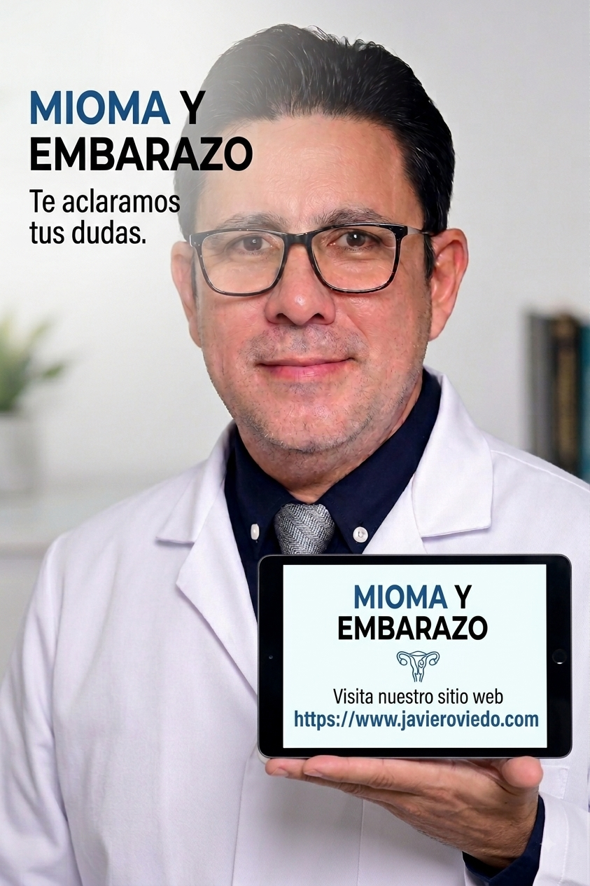A man in a white coat holding a tablet displays a message about miscarriage and pregnancy. The background is blurred with some plants and books.