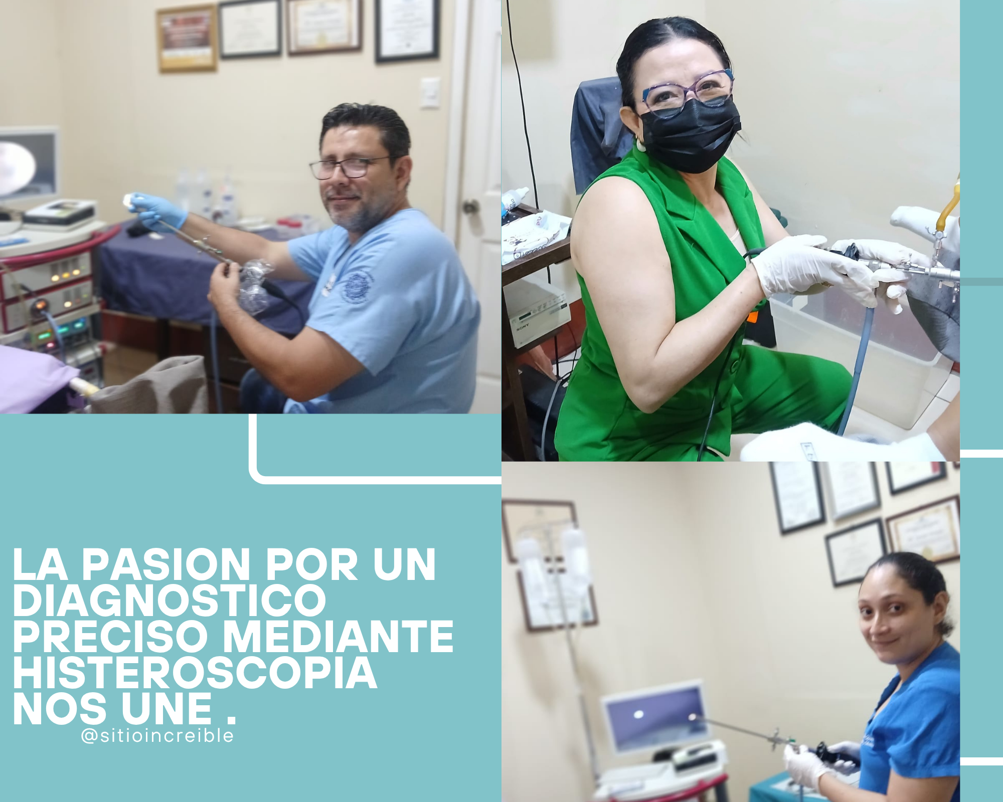 Collage of three images showing medical professionals performing diagnostic procedures in a clinic. The left image shows a male doctor in blue scrubs holding medical tools at a work station. The top right image shows a female healthcare worker in green scrubs wearing glasses and a black mask, preparing equipment. The bottom right image shows a female healthcare worker in a blue uniform working with medical instruments. The background displays certificates, medical equipment, and diagrams.