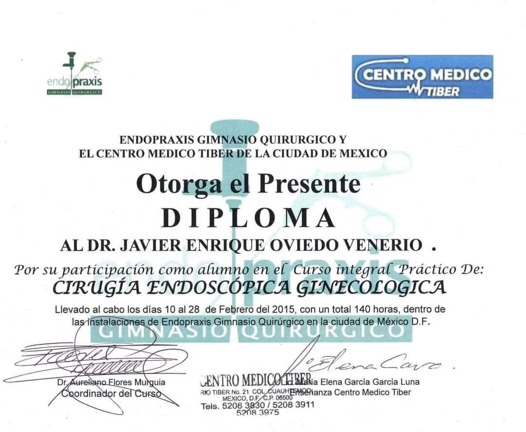 Diploma awarded to Dr. Javier Enrique Oviedo Venerio for participation in the endoscopy gynecological surgery course at the Endopraxis surgical gym in Mexico City, February 2015.