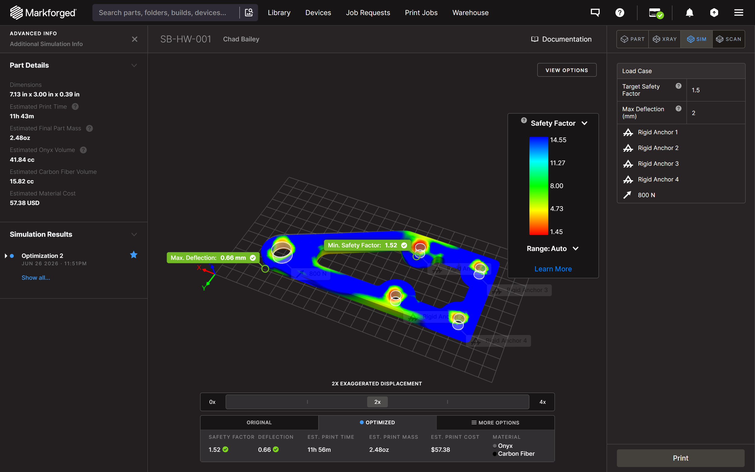 Markforged Eiger software FEA simulation for optimized composite part design.