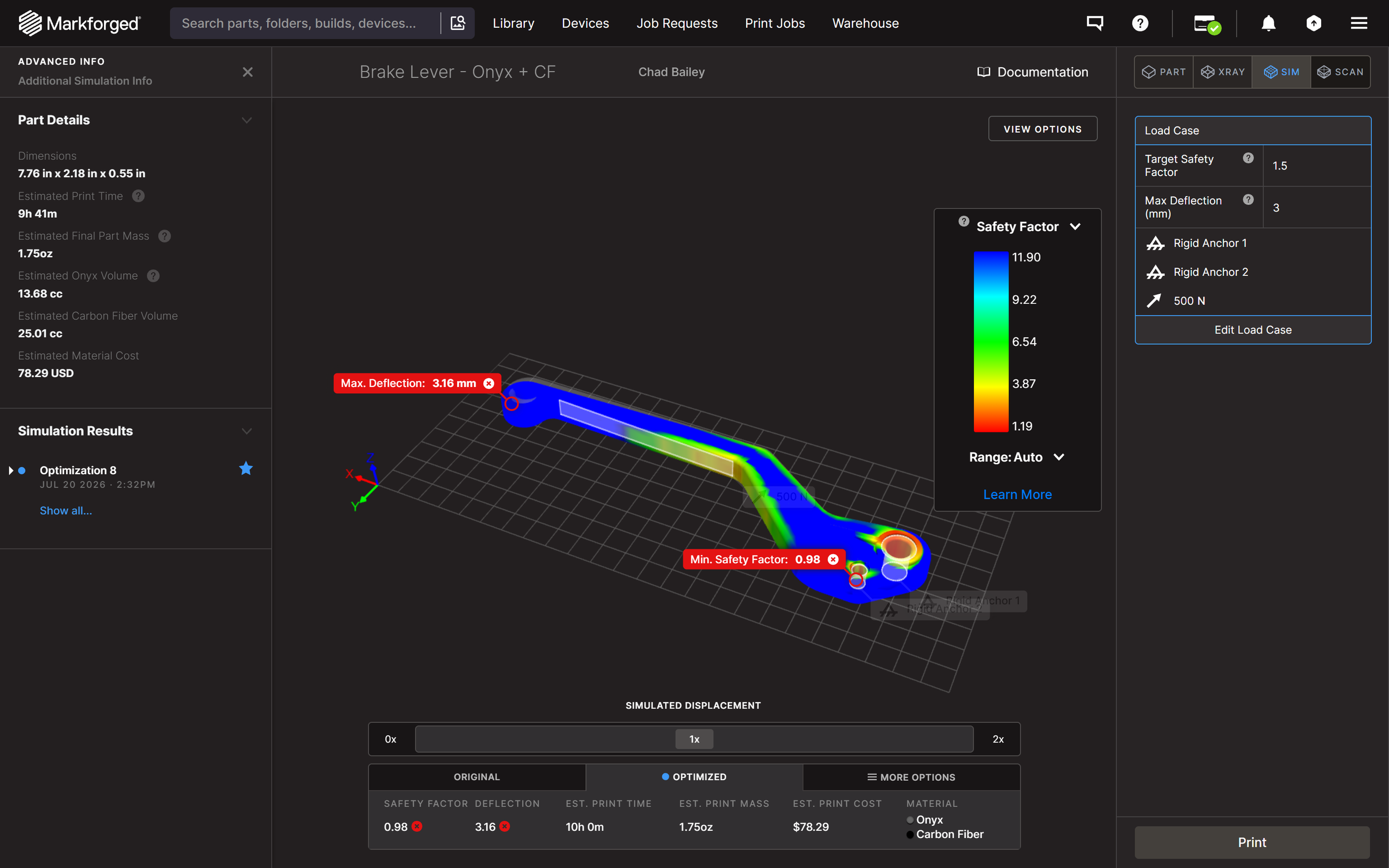 Markforged Eiger software FEA simulation for 3D printed part strength.