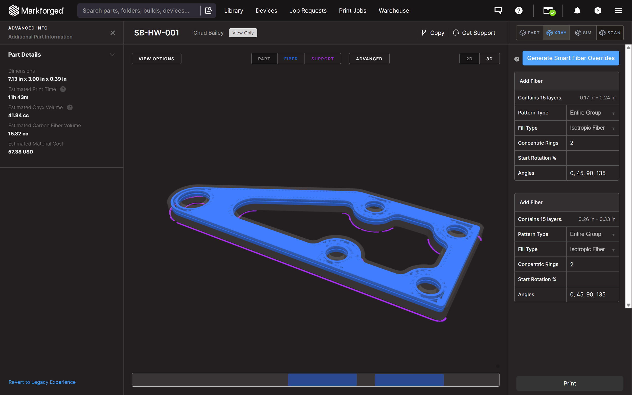 Continuous carbon fiber internal routing using Markforged Eiger software.