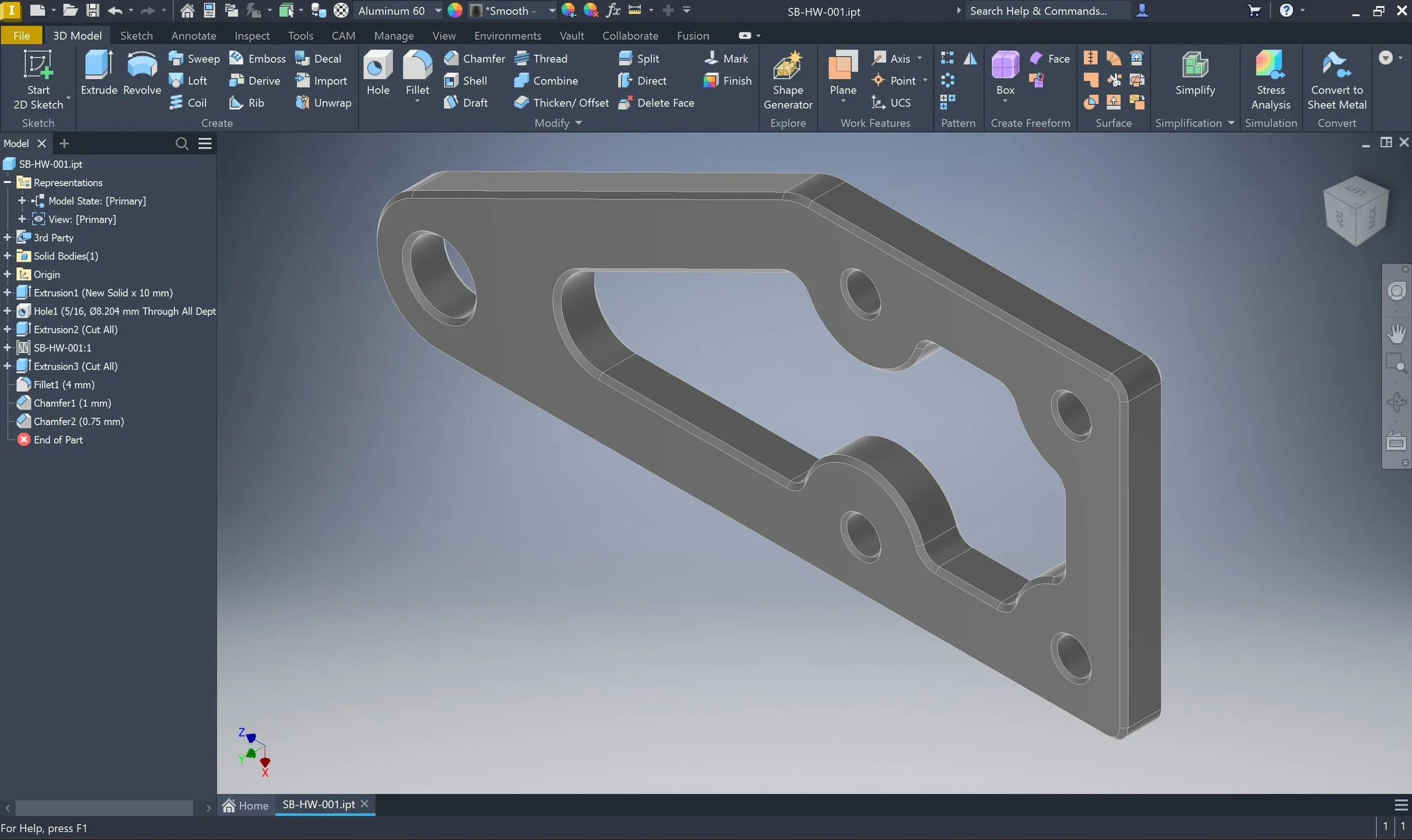 Autodesk Inventor parametric 3D CAD solid model of optimized mechanical bracket.