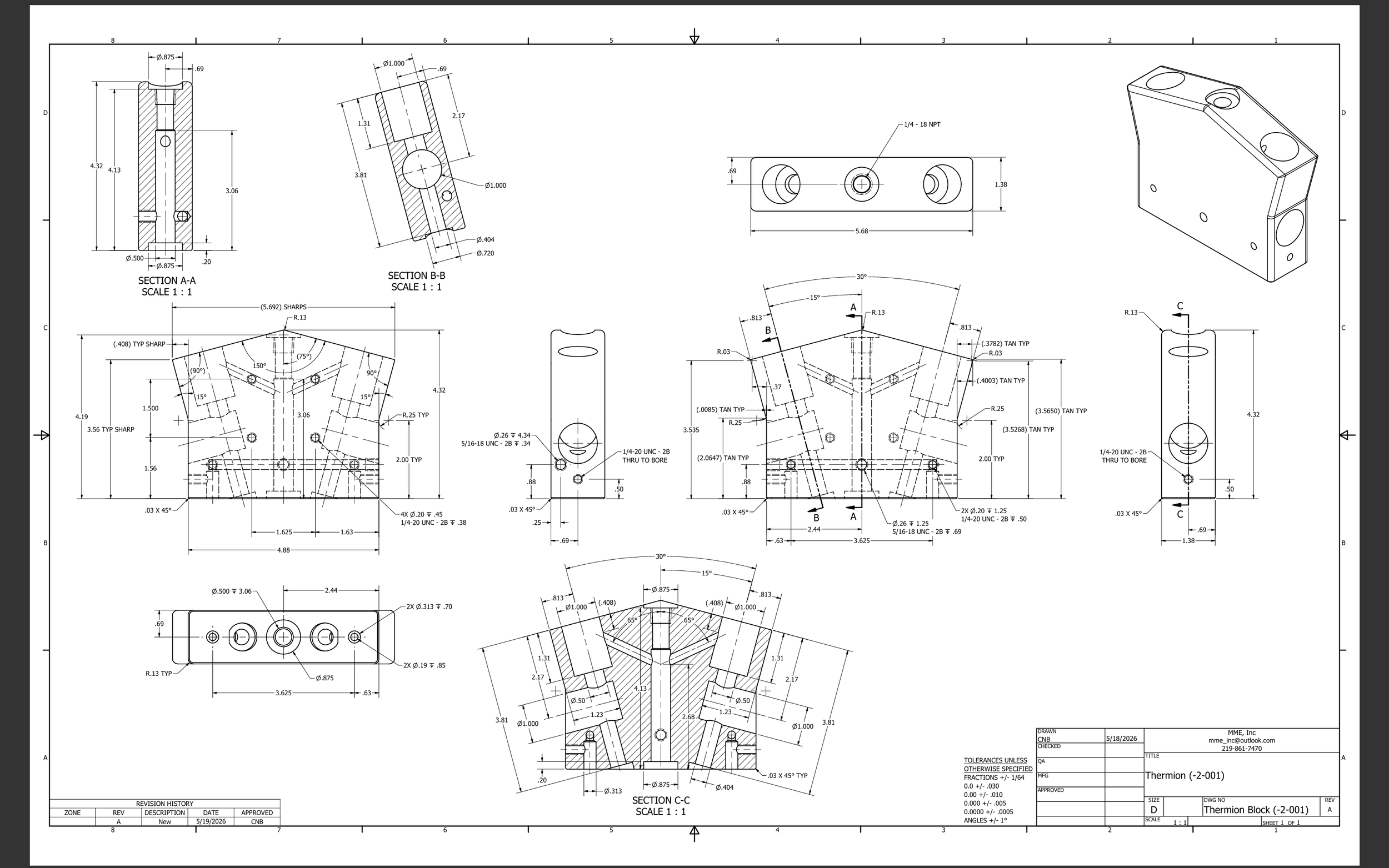 2D manufacturing drawing generated from reverse engineered CAD.