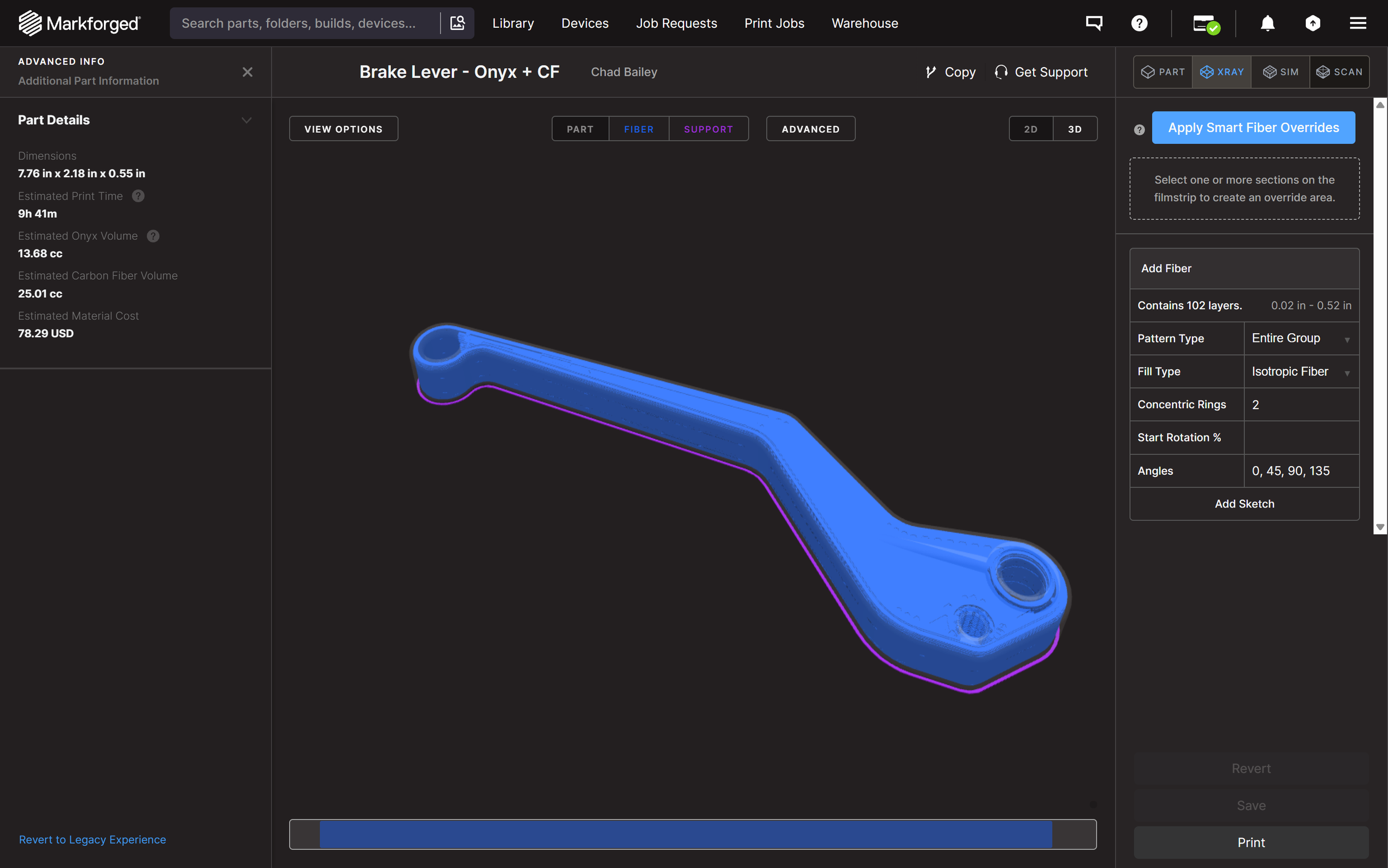 Continuous carbon fiber internal routing using Markforged Eiger software.