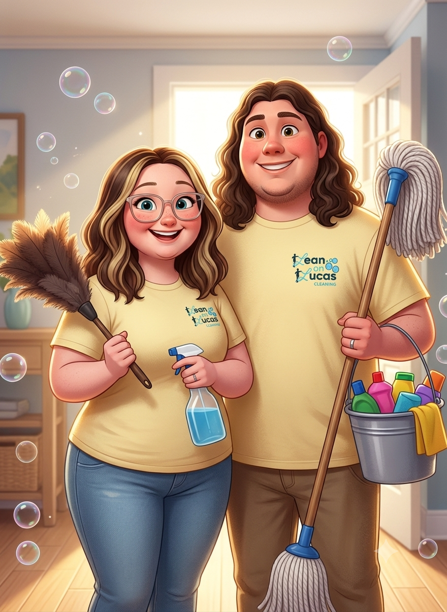 A cheerful man and woman in yellow cleaning uniforms with 'Clean on Lucas' logo, standing in a bright, well-lit room, holding cleaning tools. The woman is holding feathers and a spray bottle, while the man holds a mop, a bucket with cleaning supplies, and has bubbles floating around.