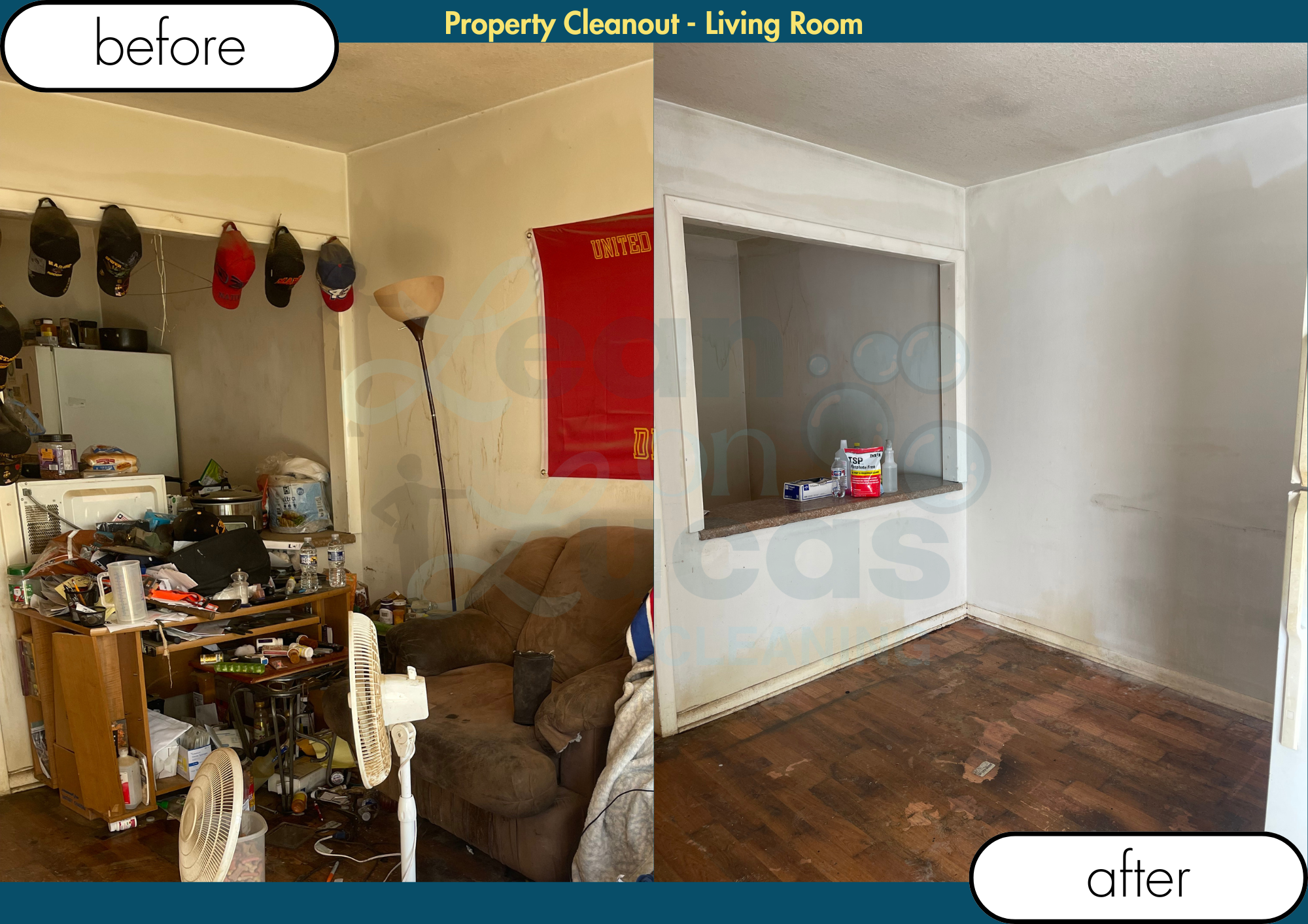 Comparison of a cluttered living room before and after cleaning. The 'before' side shows a room filled with clutter, including hats hanging on a rack, a lamp, a sofa, a small table covered with various items, and miscellaneous household objects. The 