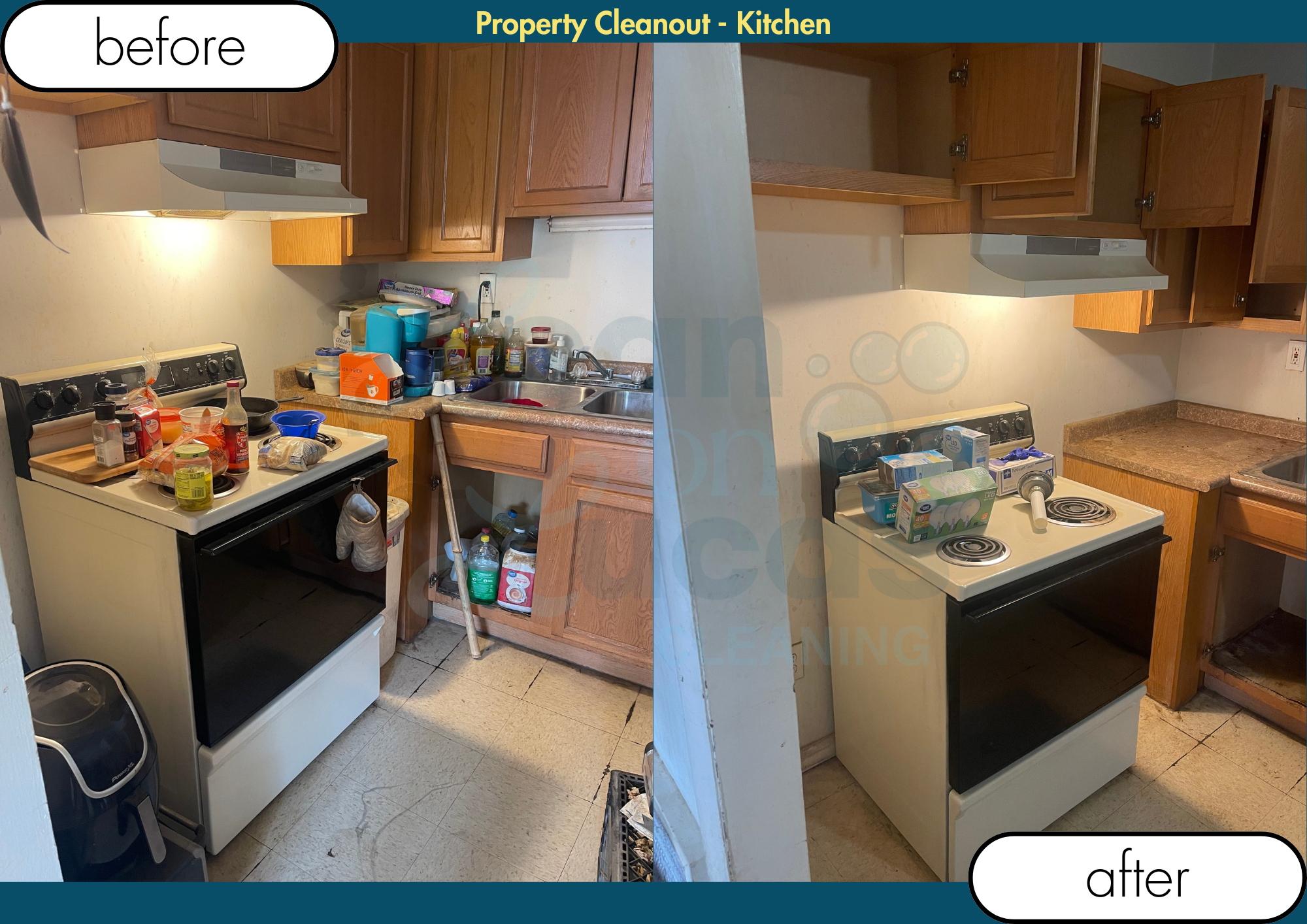 Comparison of a cluttered kitchen on the left before cleaning and a clean, organized kitchen on the right after cleaning.