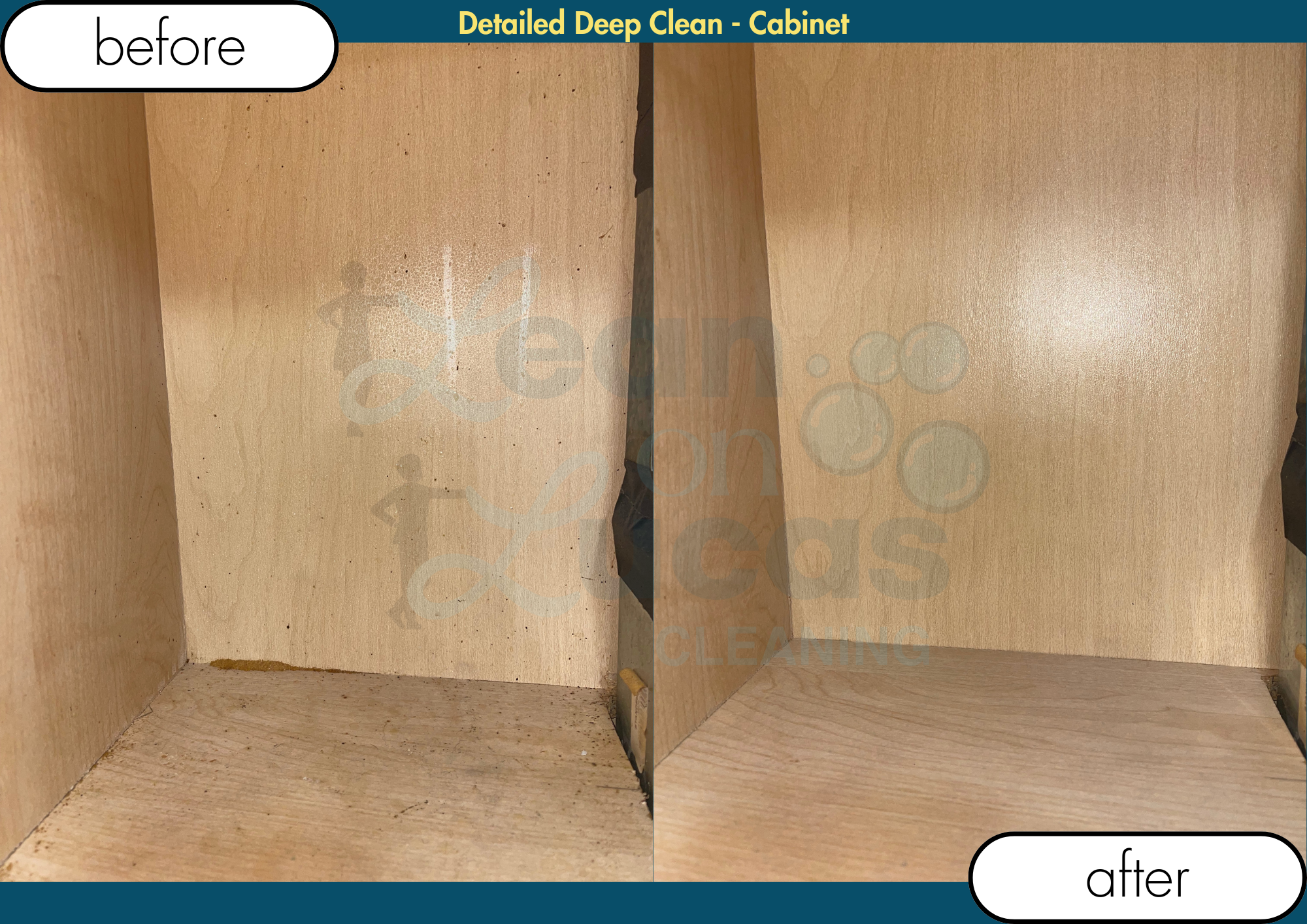 Side-by-side comparison of the inside of a wooden cabinet before and after deep cleaning. The left side shows the cabinet with dust and dirt, while the right side shows a clean, dust-free interior.