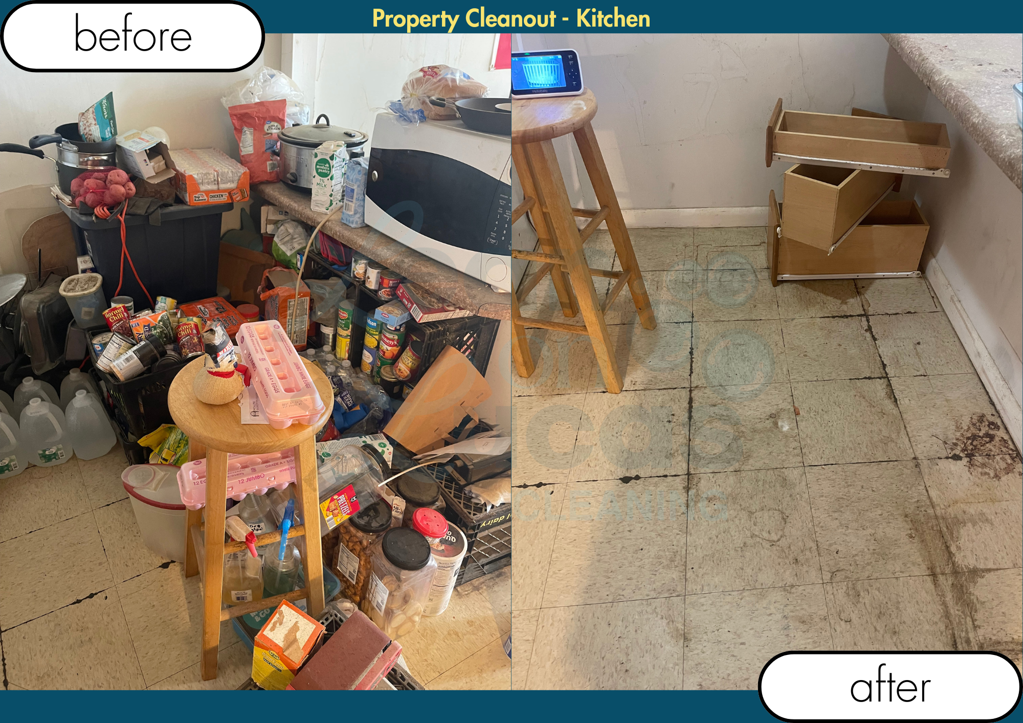 Comparison image showing a cluttered kitchen with messy countertops filled with various items on the left, and a clean, organized kitchen with empty counters and neatly stored items on the right.