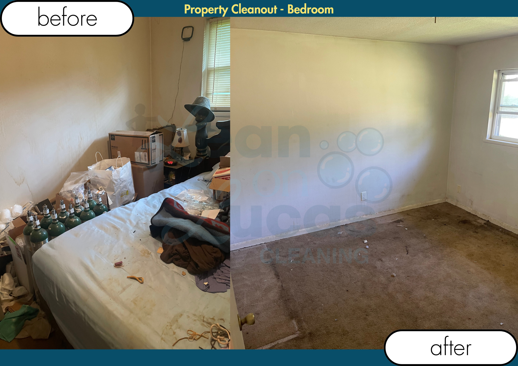Comparison of a bedroom before and after cleaning. The photograph is split into two sections, with the left showing the cluttered and dirty bedroom before cleaning, including items like a bed with stained sheets, various bottles, bags, and miscellane