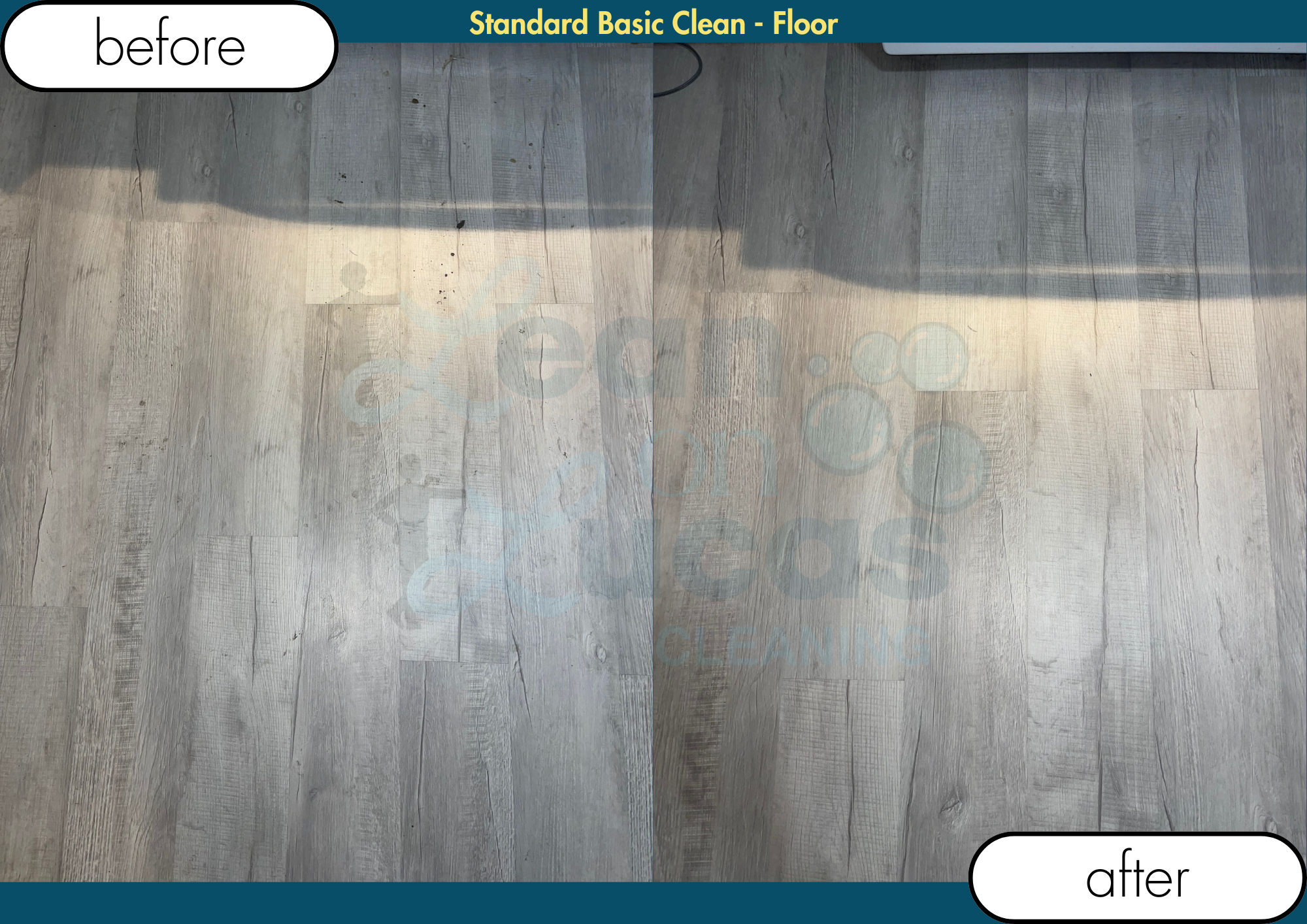 Comparison of a wooden floor before and after cleaning. The "before" side shows dirt, stains, and dust, while the "after" side appears clean and polished.