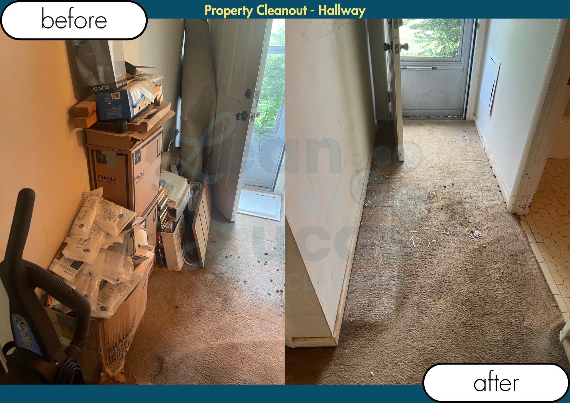 Before and after images of a hallway showing property cleanup. The ''before'' side shows clutter, boxes, and papers on the floor. The ''after'' side shows the hallway cleared of clutter, with a clean carpet and a door leading outside.