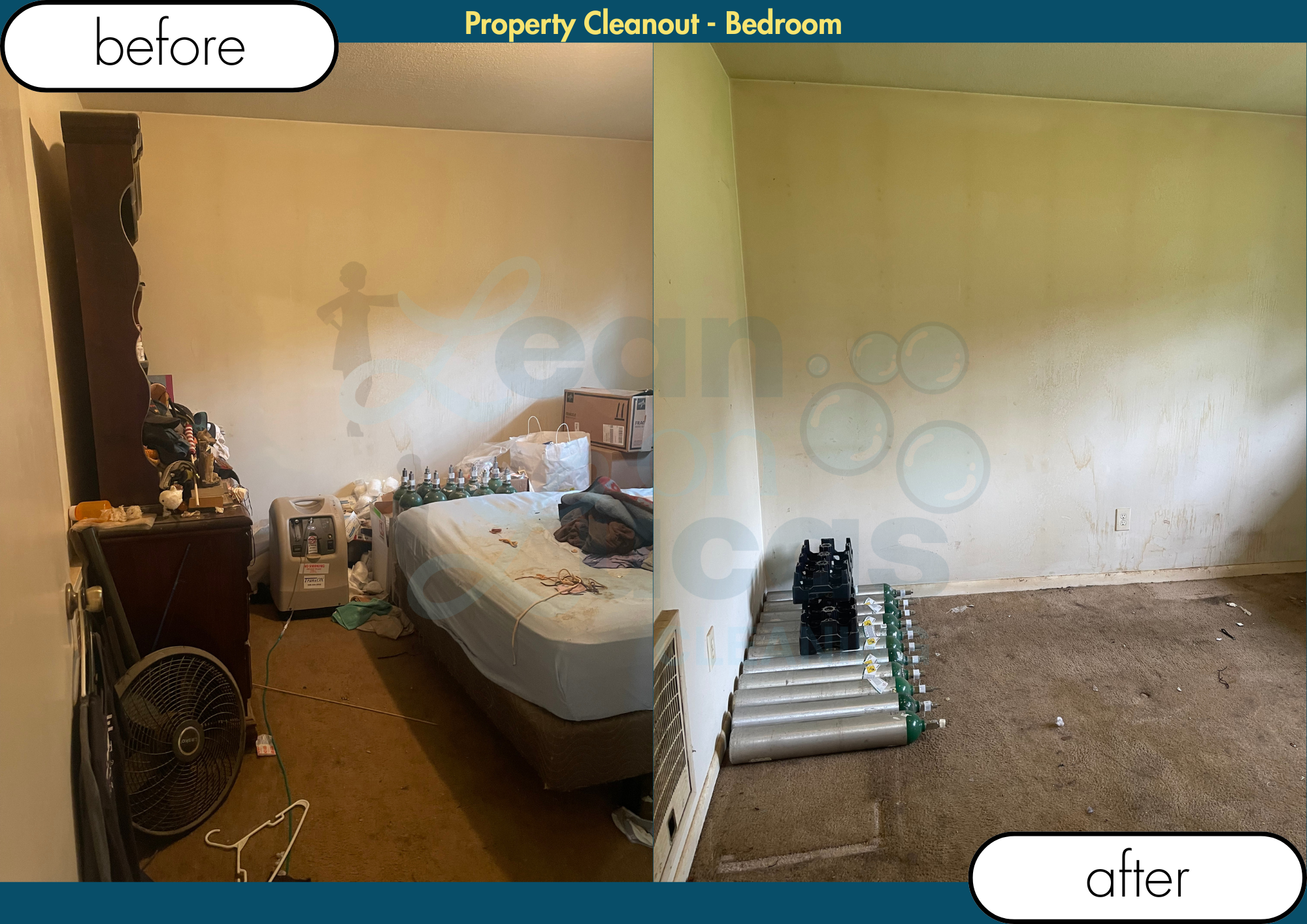 Comparison of a cluttered bedroom before and after cleaning: the 'before' side shows a messy room with a bed covered in clothes and items, an open box, bottles, and miscellaneous clutter. The 'after' side shows a clean, empty wall with no clutter, bu
