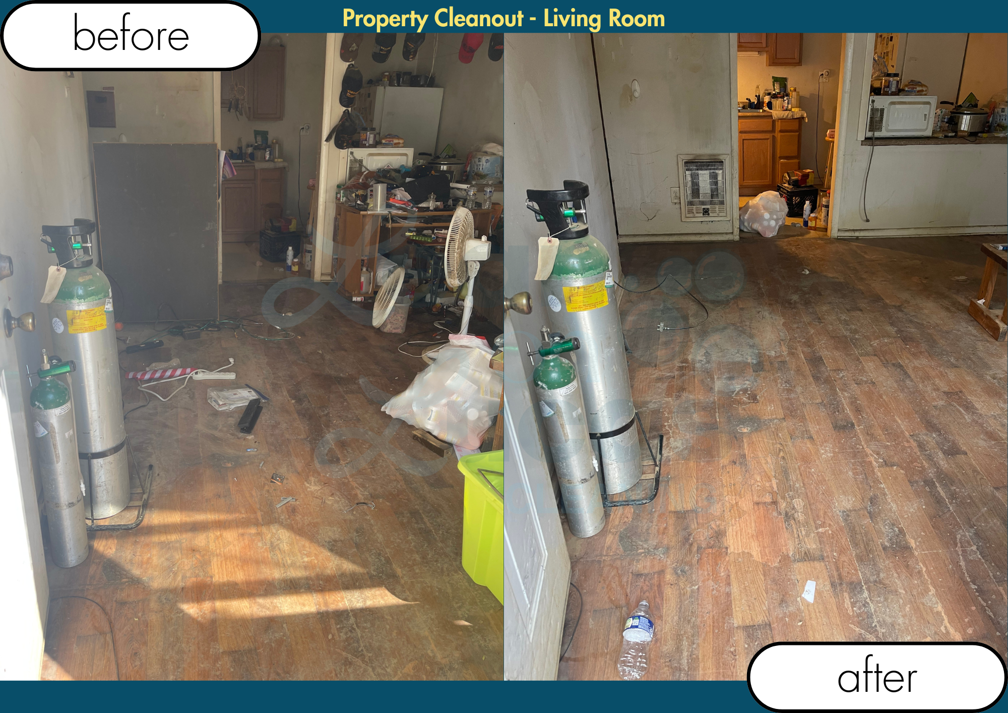 Comparison photo showing a cluttered living room before cleaning on the left and a cleaned, organized living room after cleaning on the right.