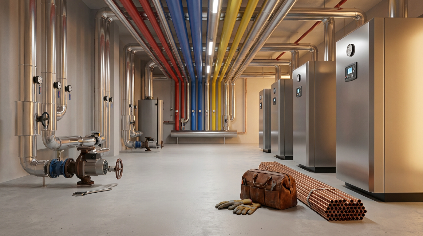 Industrial boiler room with pipes, gauges, and control panels. Hand tools, a leather tool bag, work gloves, and copper pipes on the floor.