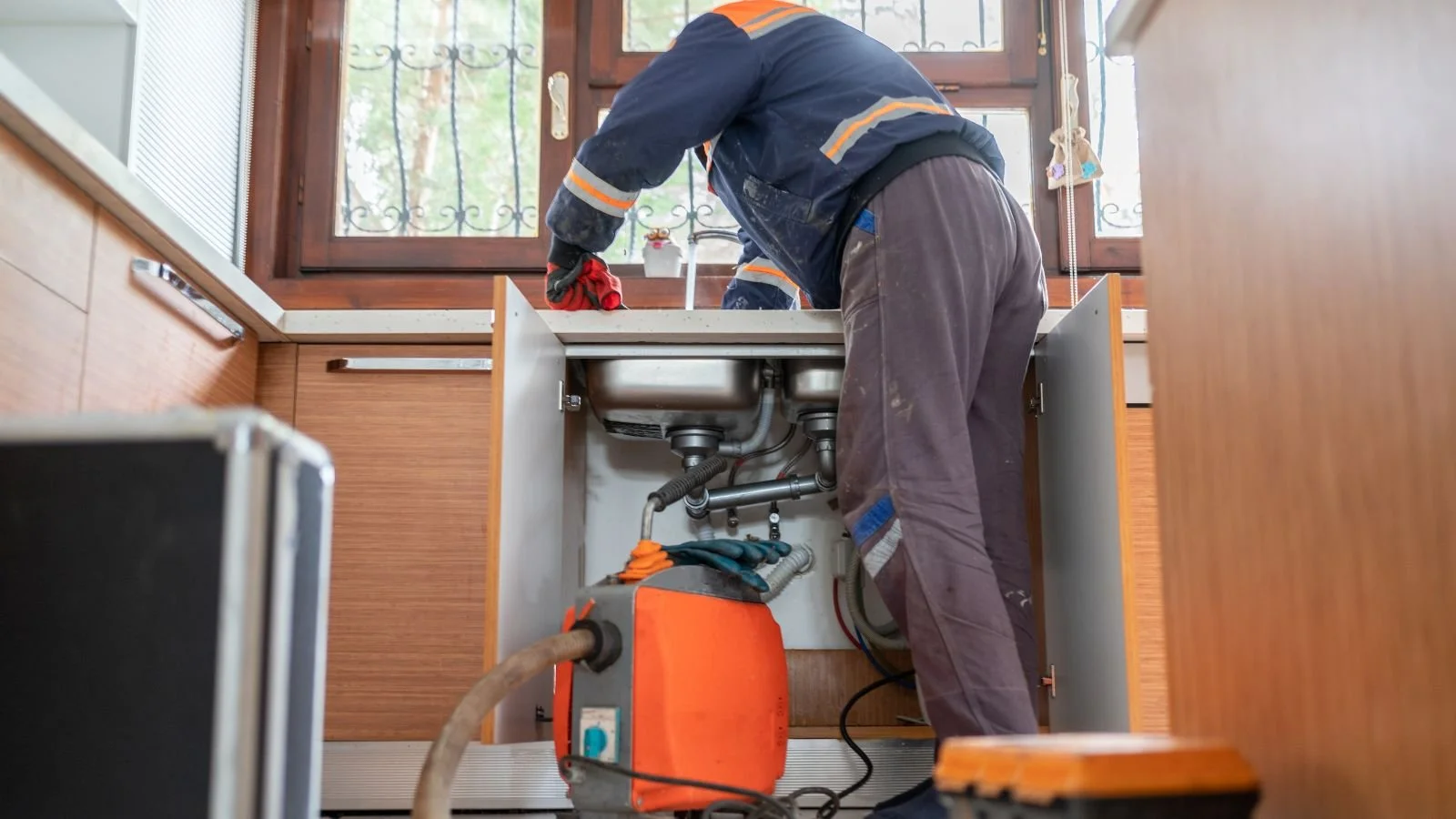 A plumber working under a kitchen sink, fixing plumbing pipes, with a window in the background.