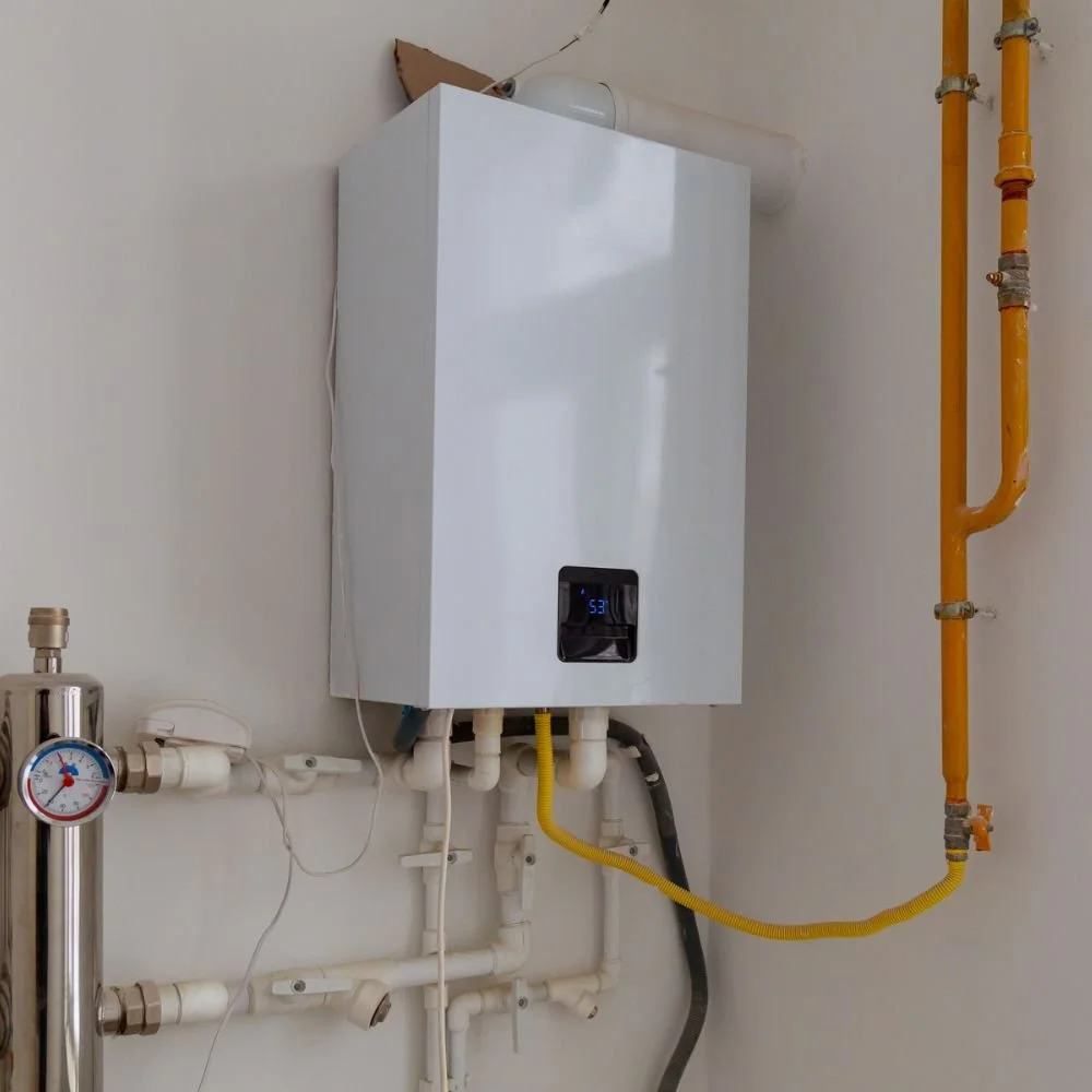 A white tankless water heater mounted on a wall with pipes and a digital display, next to a yellow gas pipe and a pressure gauge.