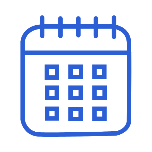 Icon of a calendar with a blue outline and six squares representing days.