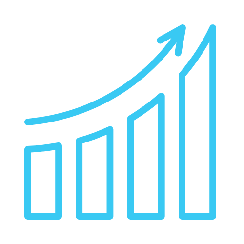 Blue ascending bar chart with line graph and upward arrow