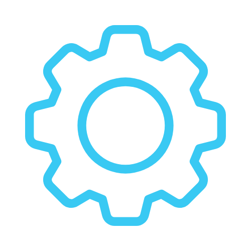 Blue gear icon on a black background.